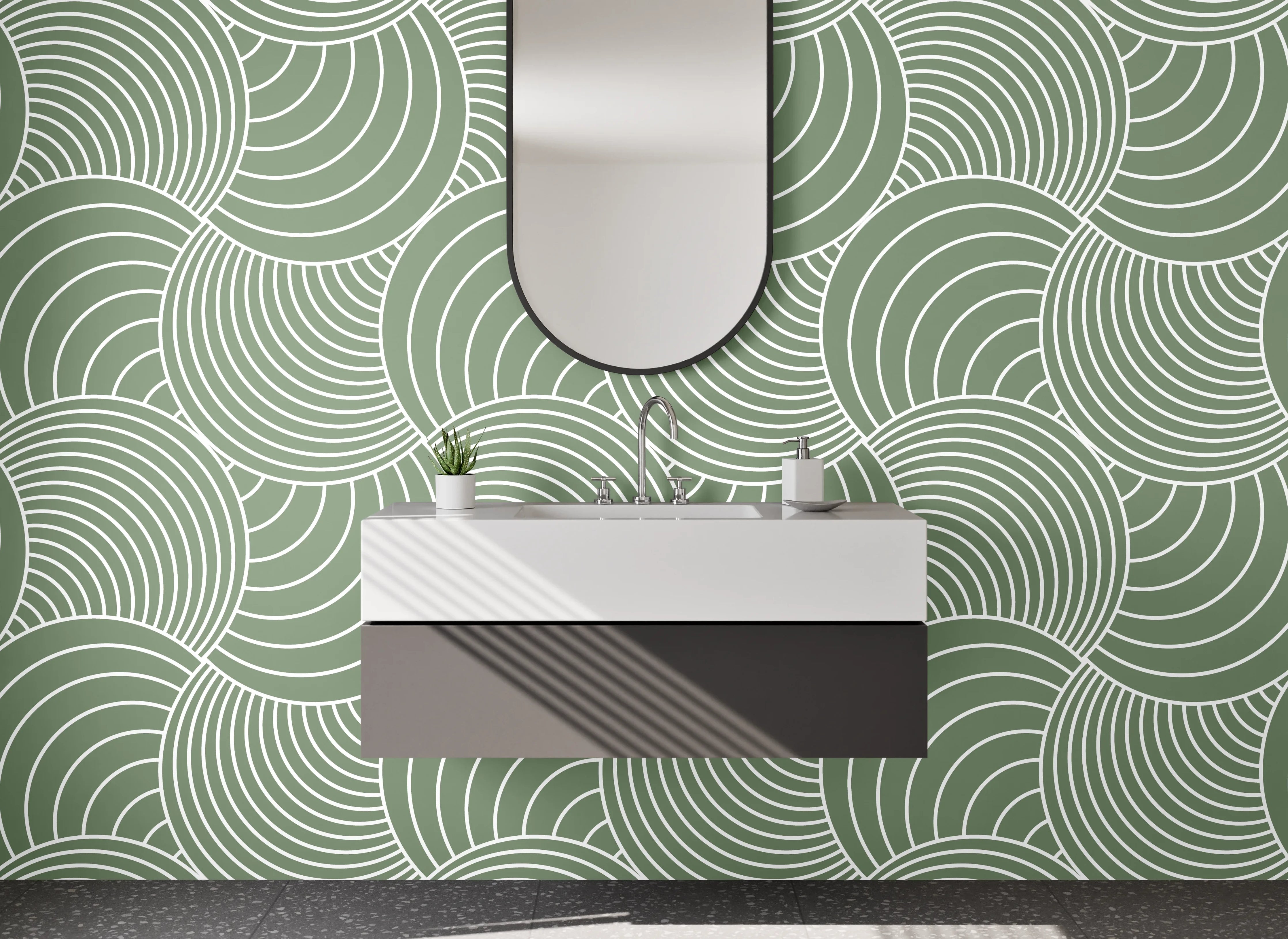 Waschbecken-Rückwand - Geometrisches Retro-Wellenmuster Grün Weiß