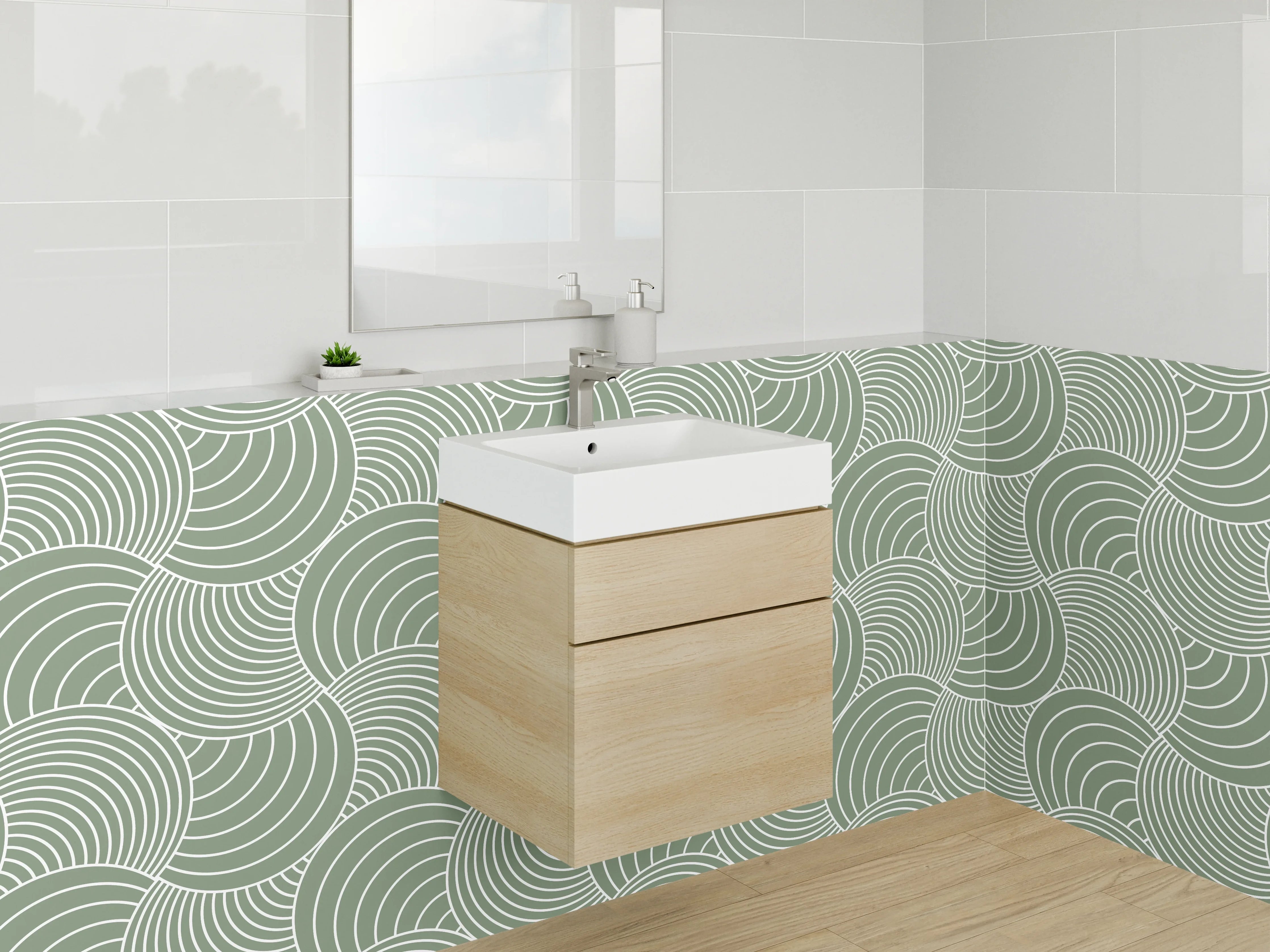 Waschbecken-Rückwand - Geometrisches Retro-Wellenmuster Grün Weiß