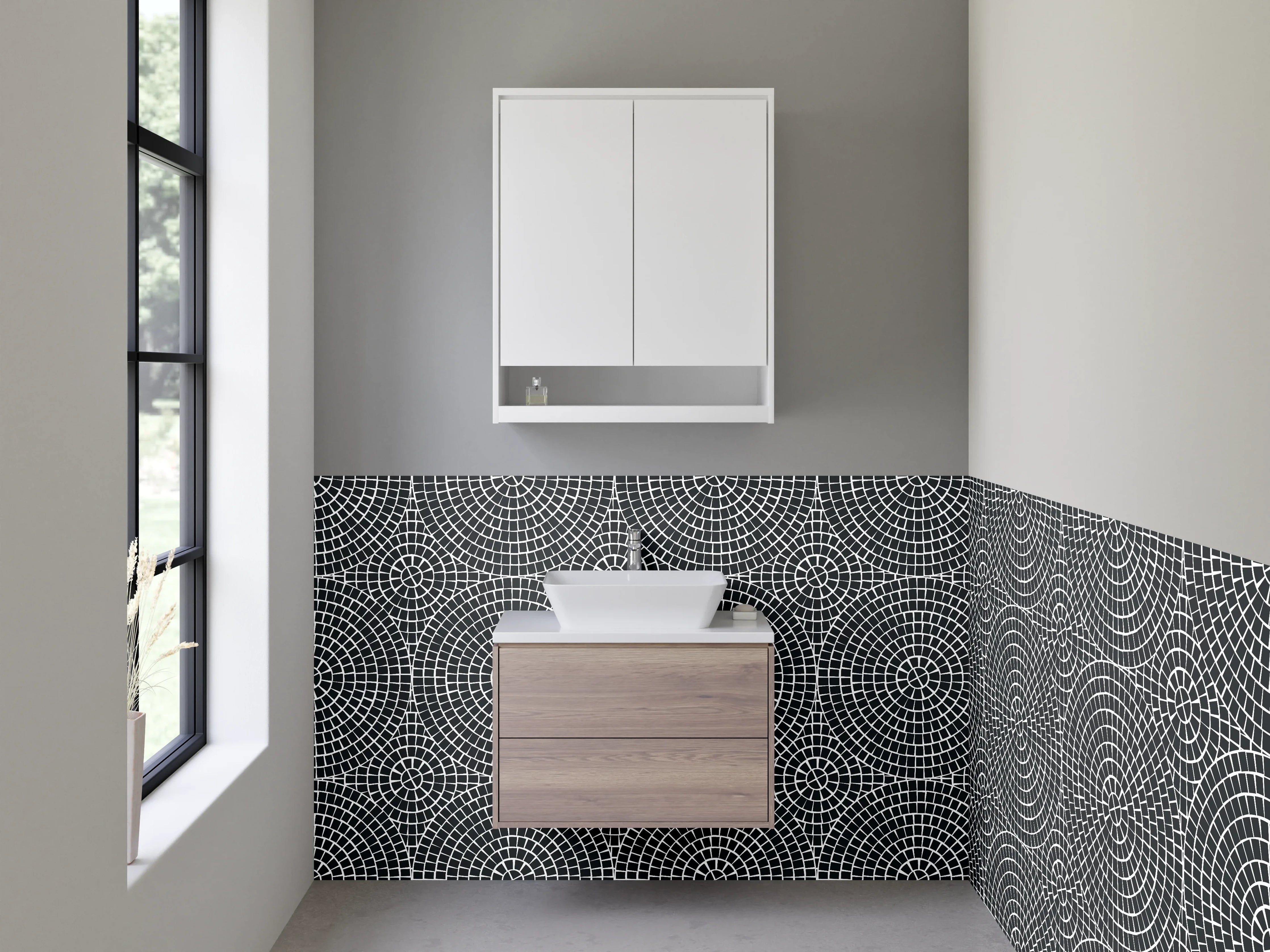 Waschbecken-Rückwand - Geometrisches Schwarz-Weiß Kreismuster Retro