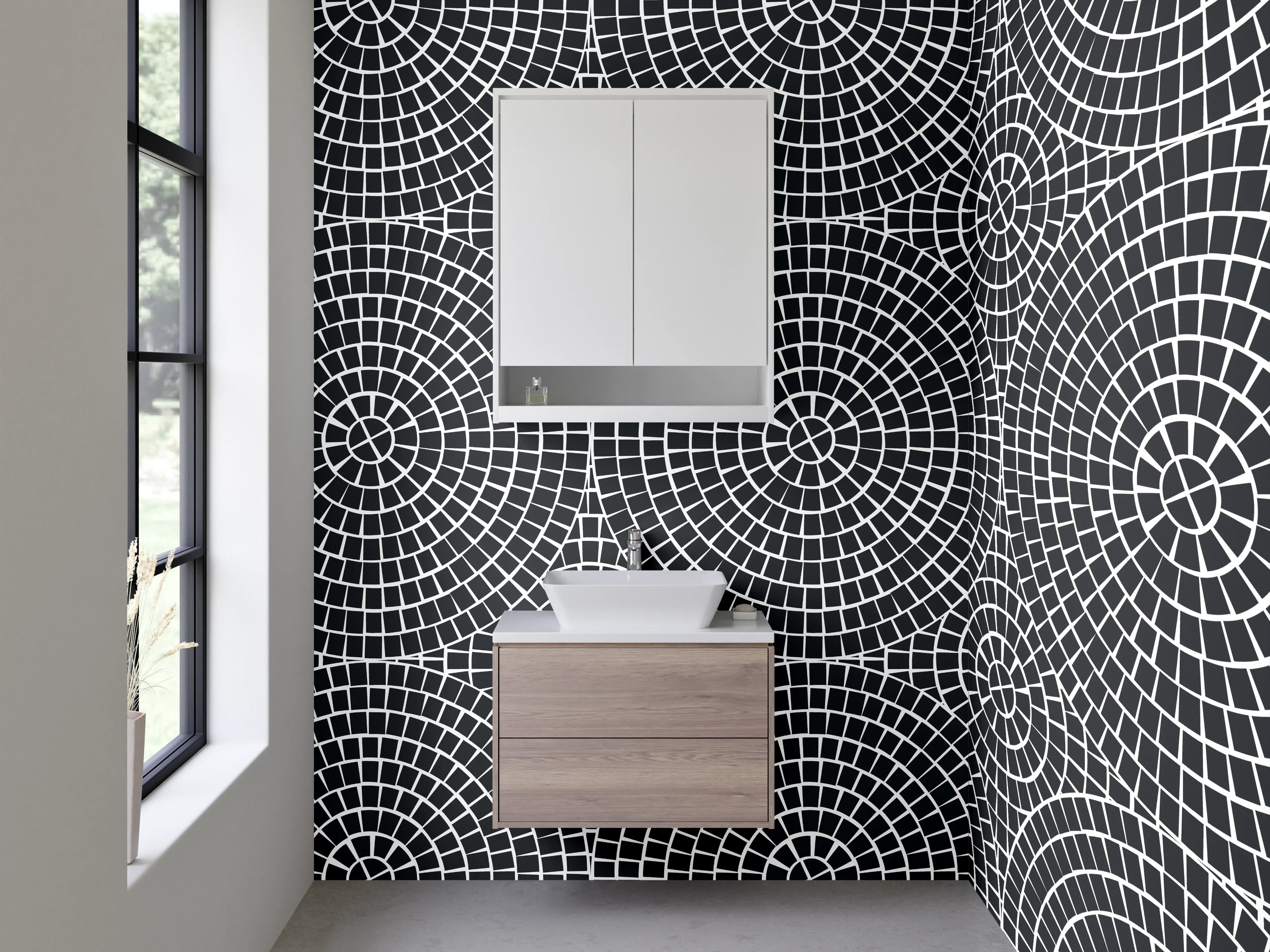 Waschbecken-Rückwand - Geometrisches Schwarz-Weiß Kreismuster Retro