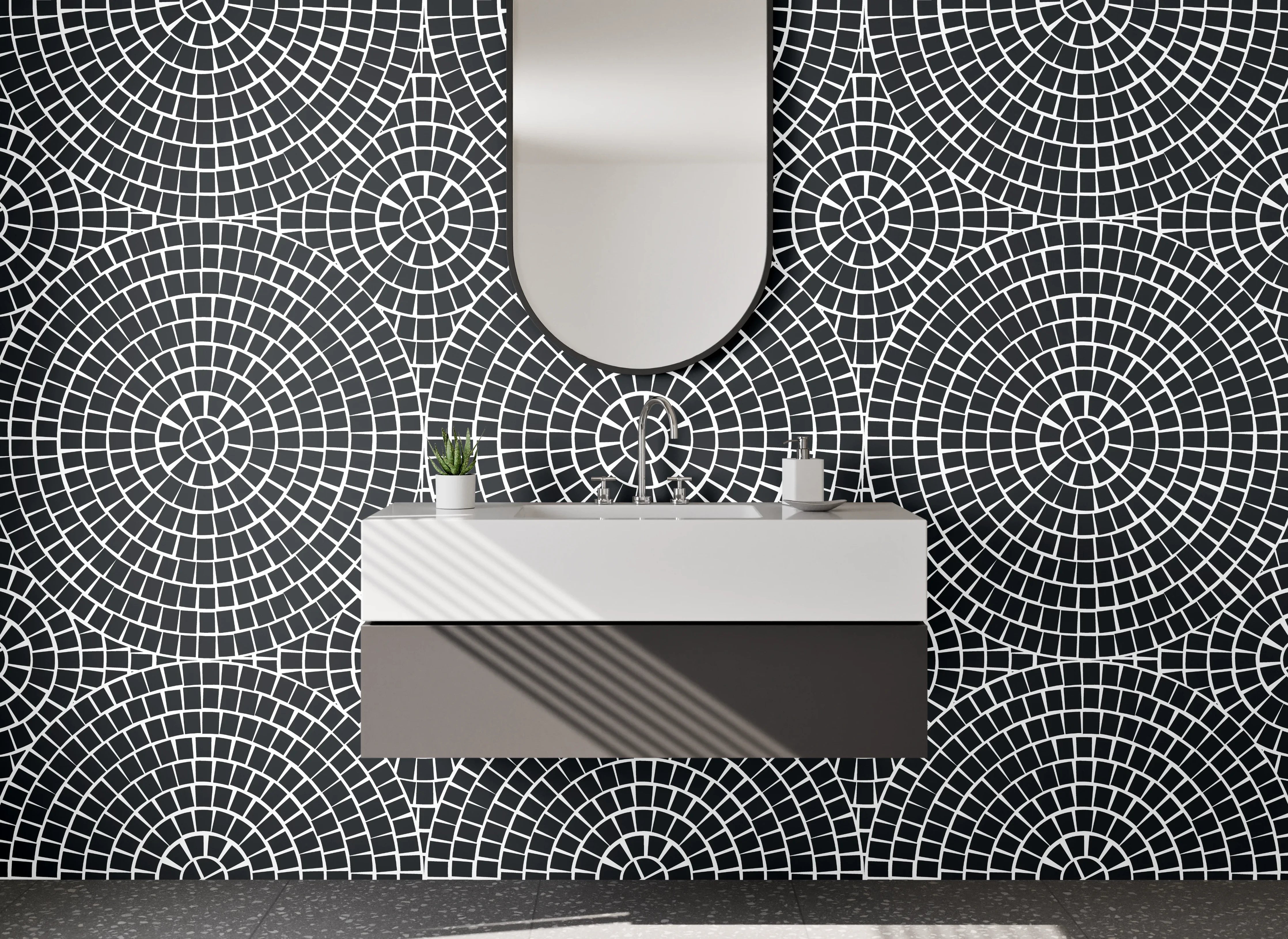 Waschbecken-Rückwand - Geometrisches Schwarz-Weiß Kreismuster Retro