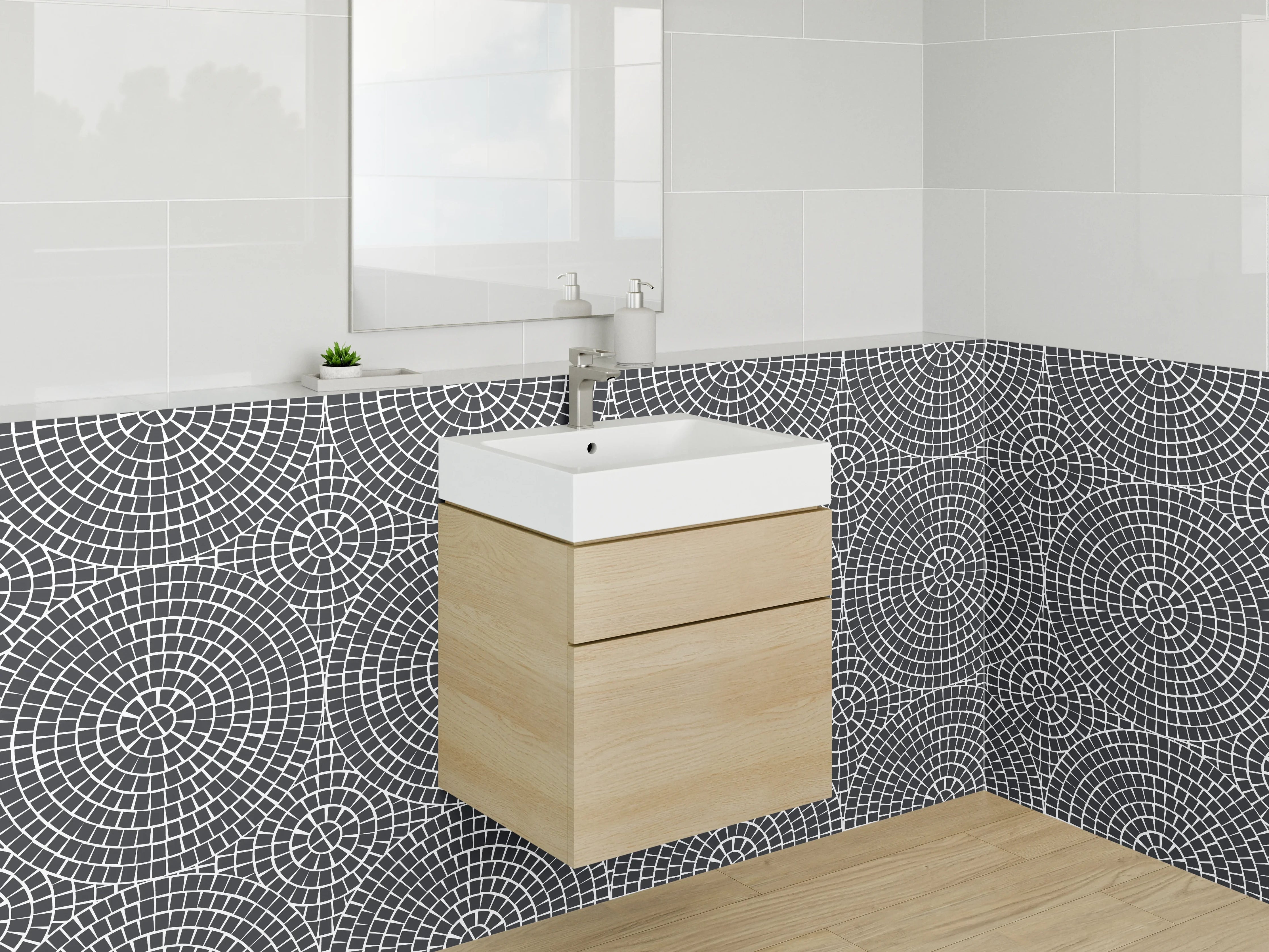 Waschbecken-Rückwand - Geometrisches Schwarz-Weiß Kreismuster Retro