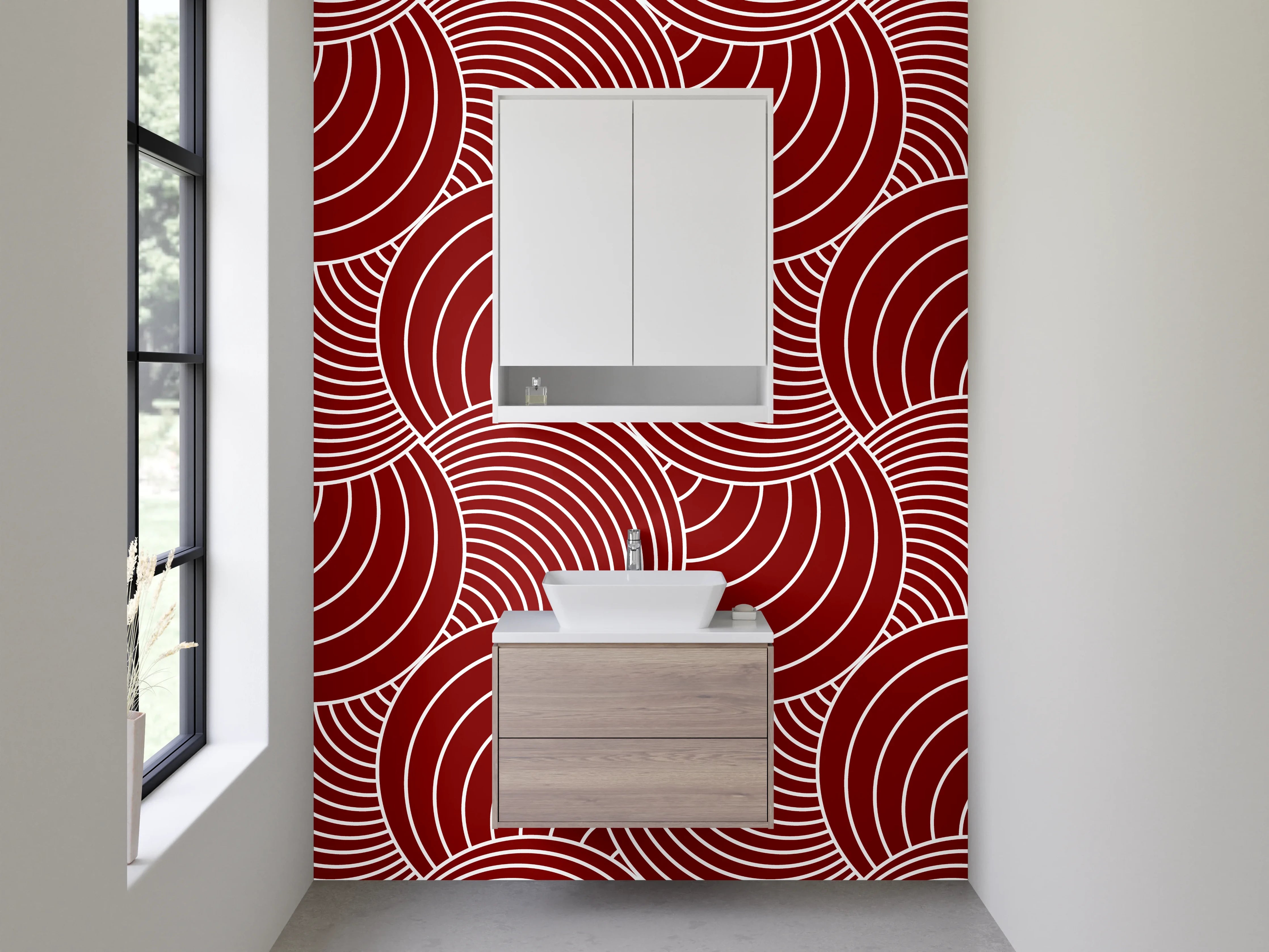 Waschbecken-Rückwand - Geometrisches Wellenmuster Rot Weiß