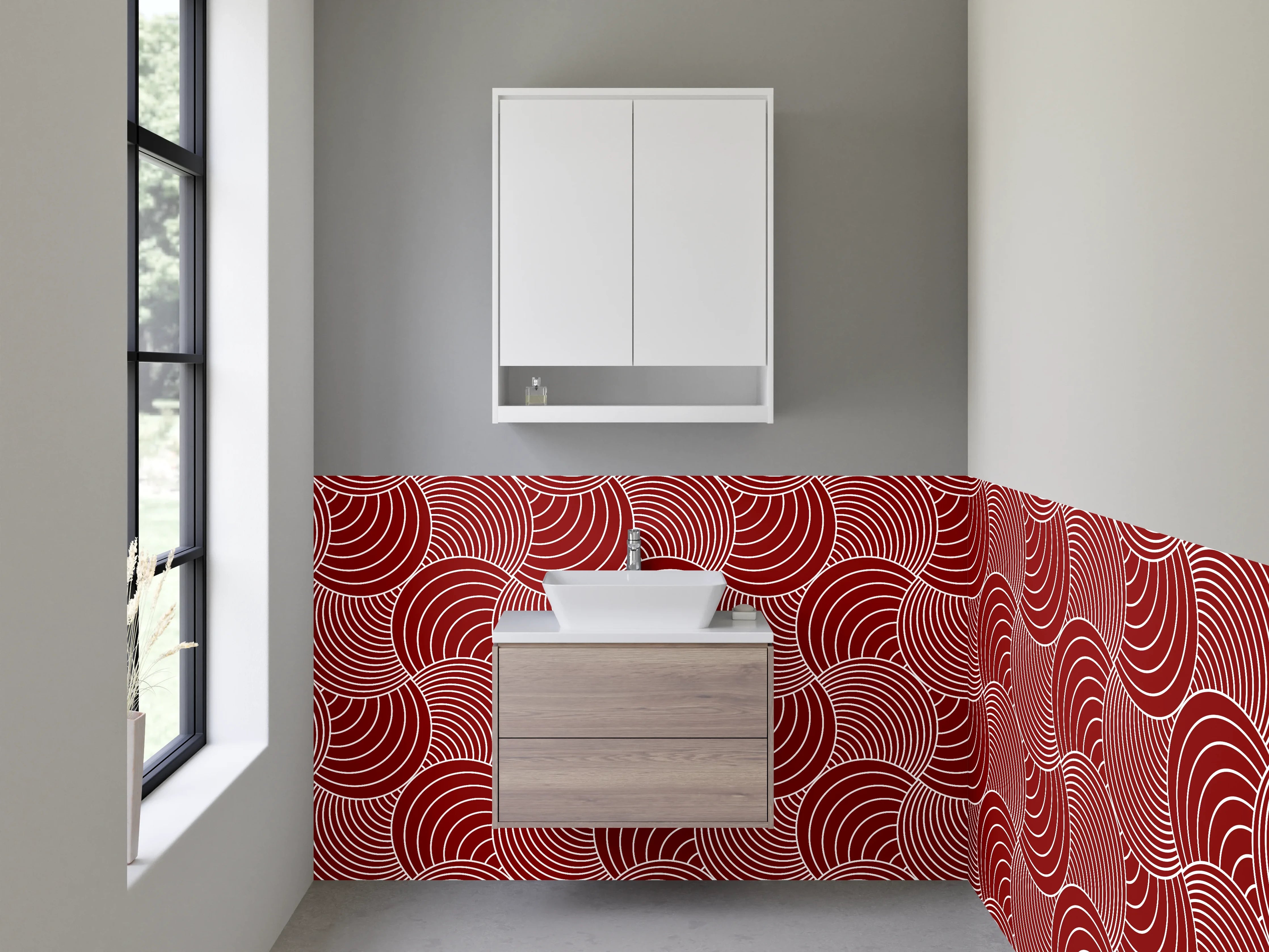 Waschbecken-Rückwand - Geometrisches Wellenmuster Rot Weiß