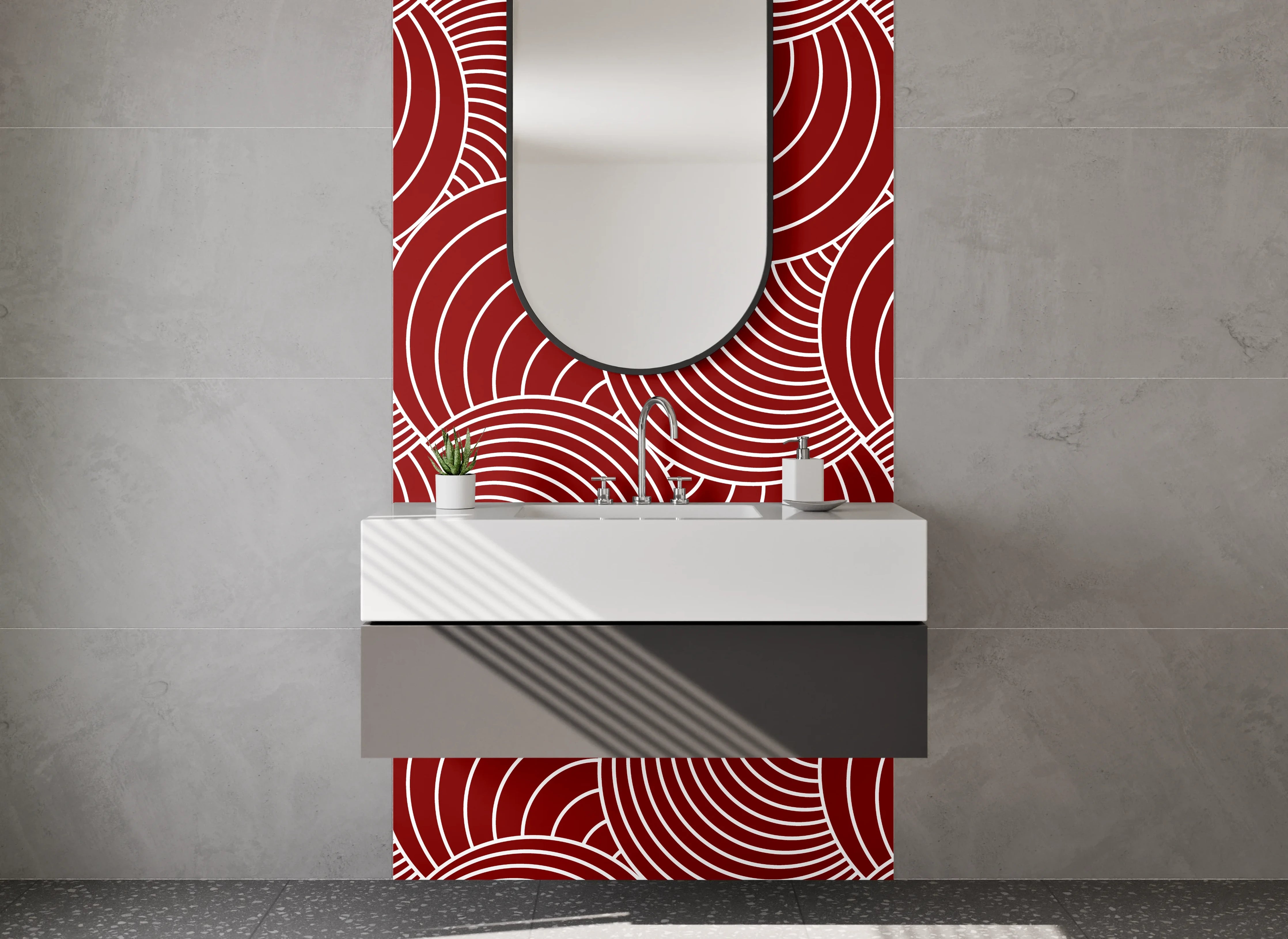 Waschbecken-Rückwand - Geometrisches Wellenmuster Rot Weiß