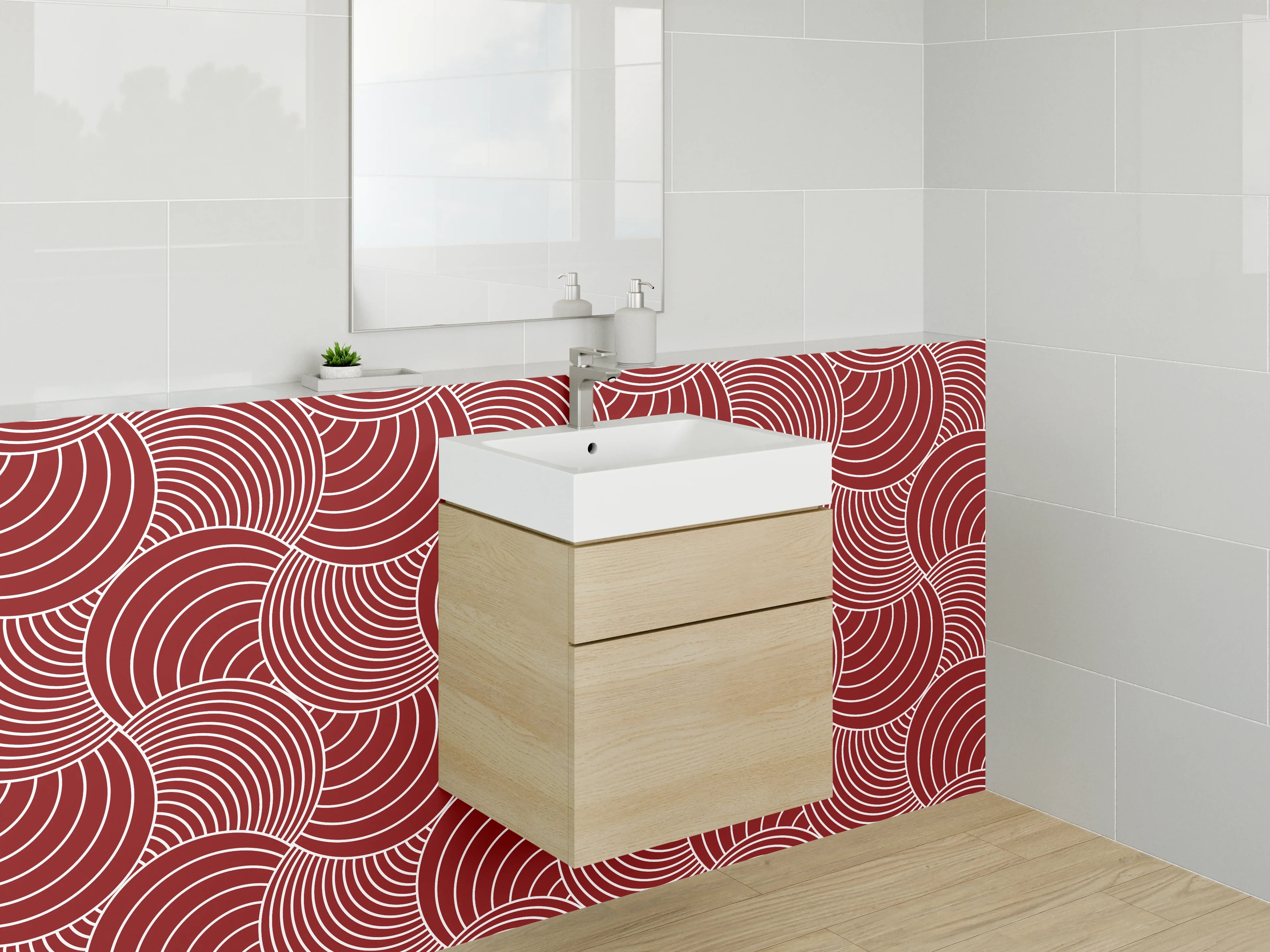 Waschbecken-Rückwand - Geometrisches Wellenmuster Rot Weiß