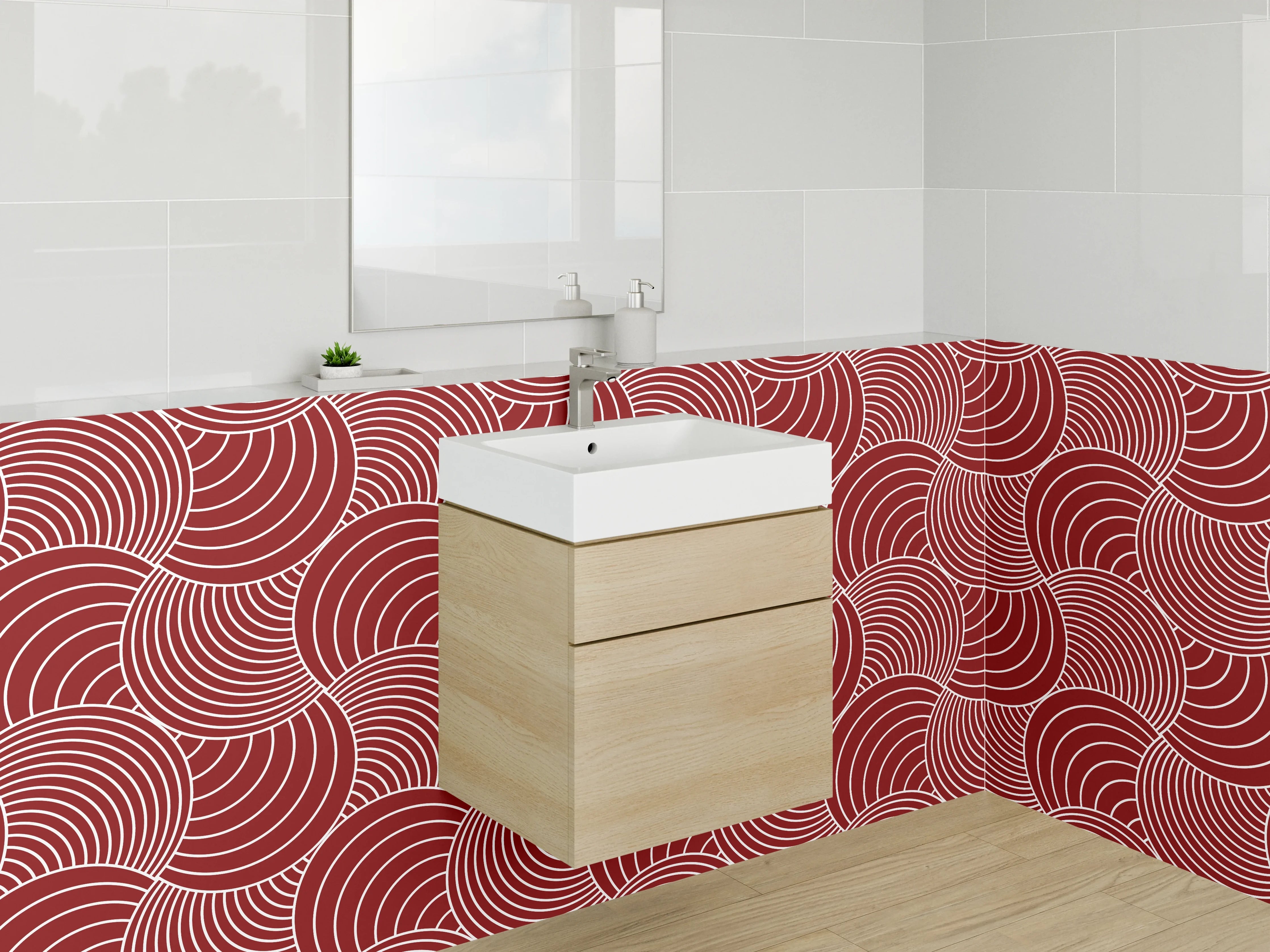 Waschbecken-Rückwand - Geometrisches Wellenmuster Rot Weiß