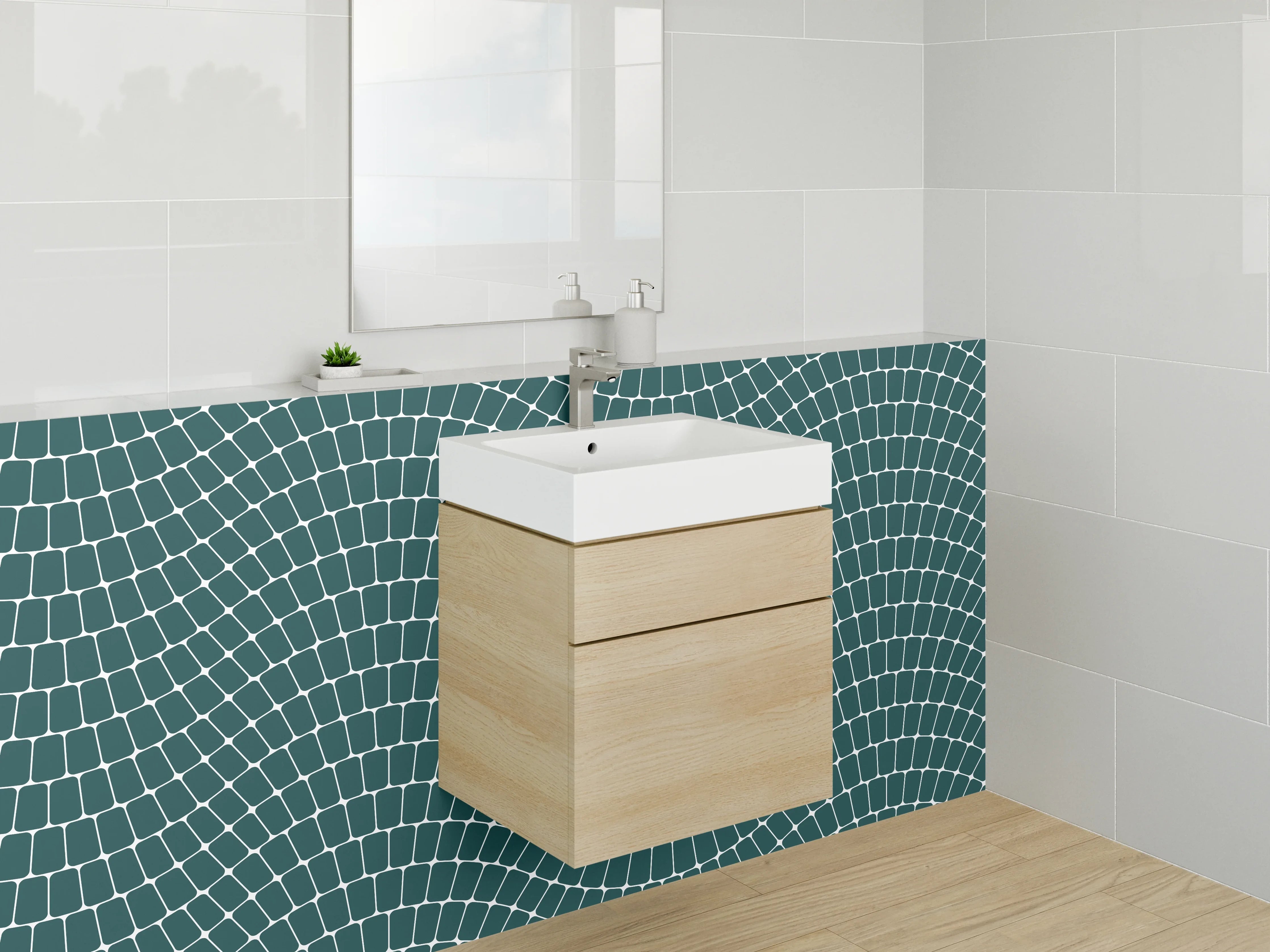 Waschbecken-Rückwand - Geometrisches Wellenmuster Weiß Grün