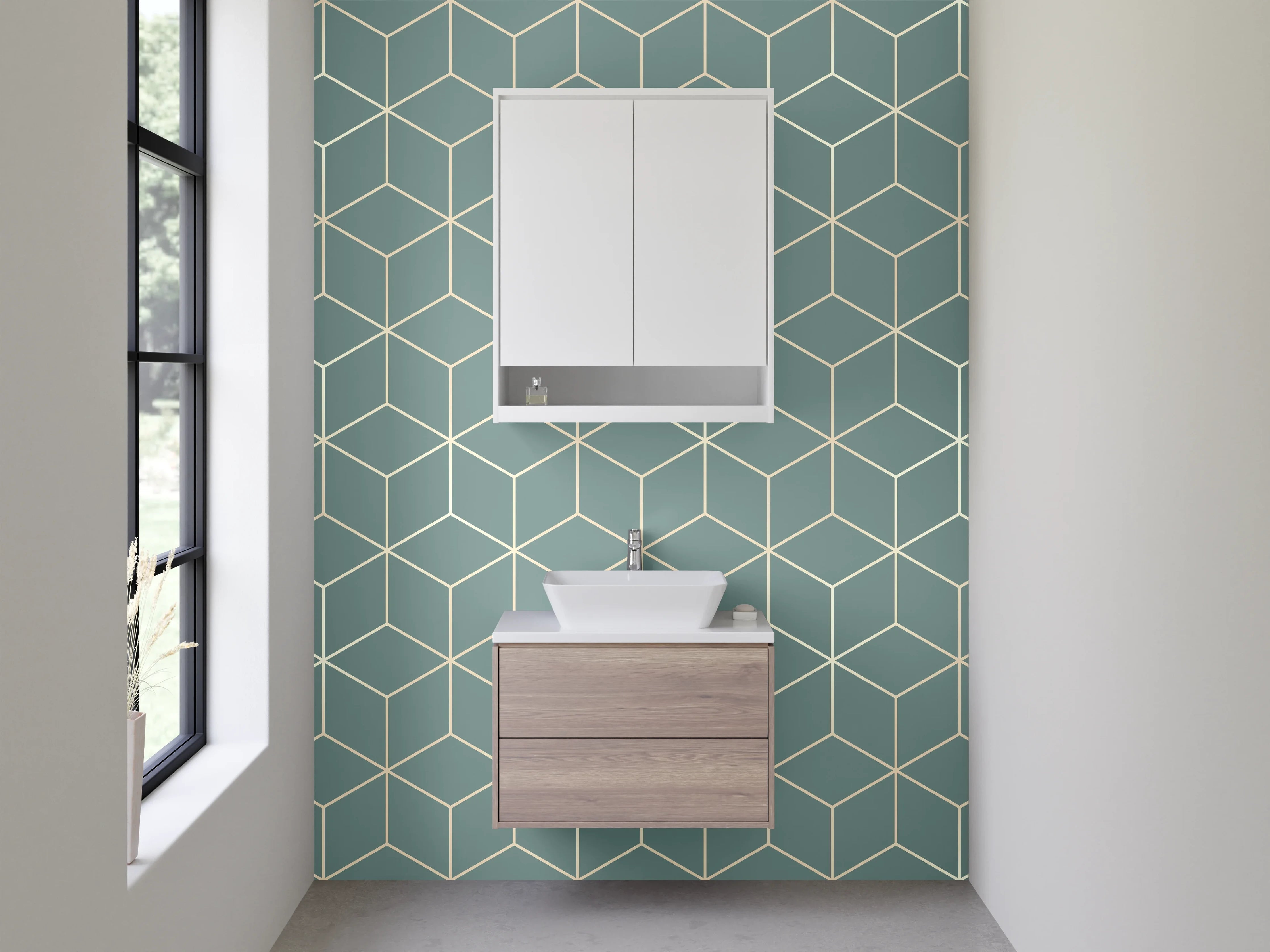Waschbecken-Rückwand - Geometrisches Würfelmuster blau-grau