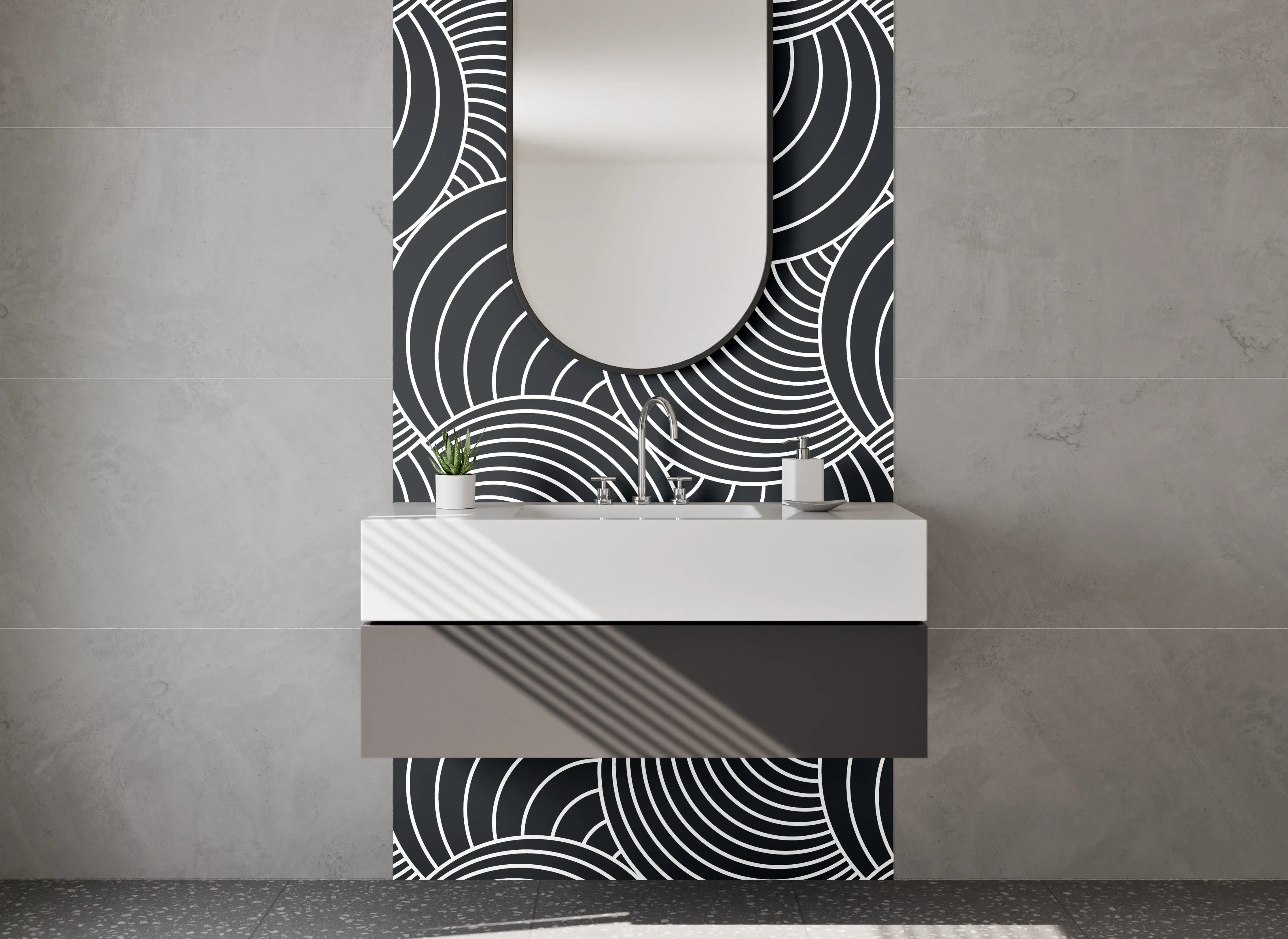 Waschbecken-Rückwand - Geometrisches schwarz-weiß Wellenmuster