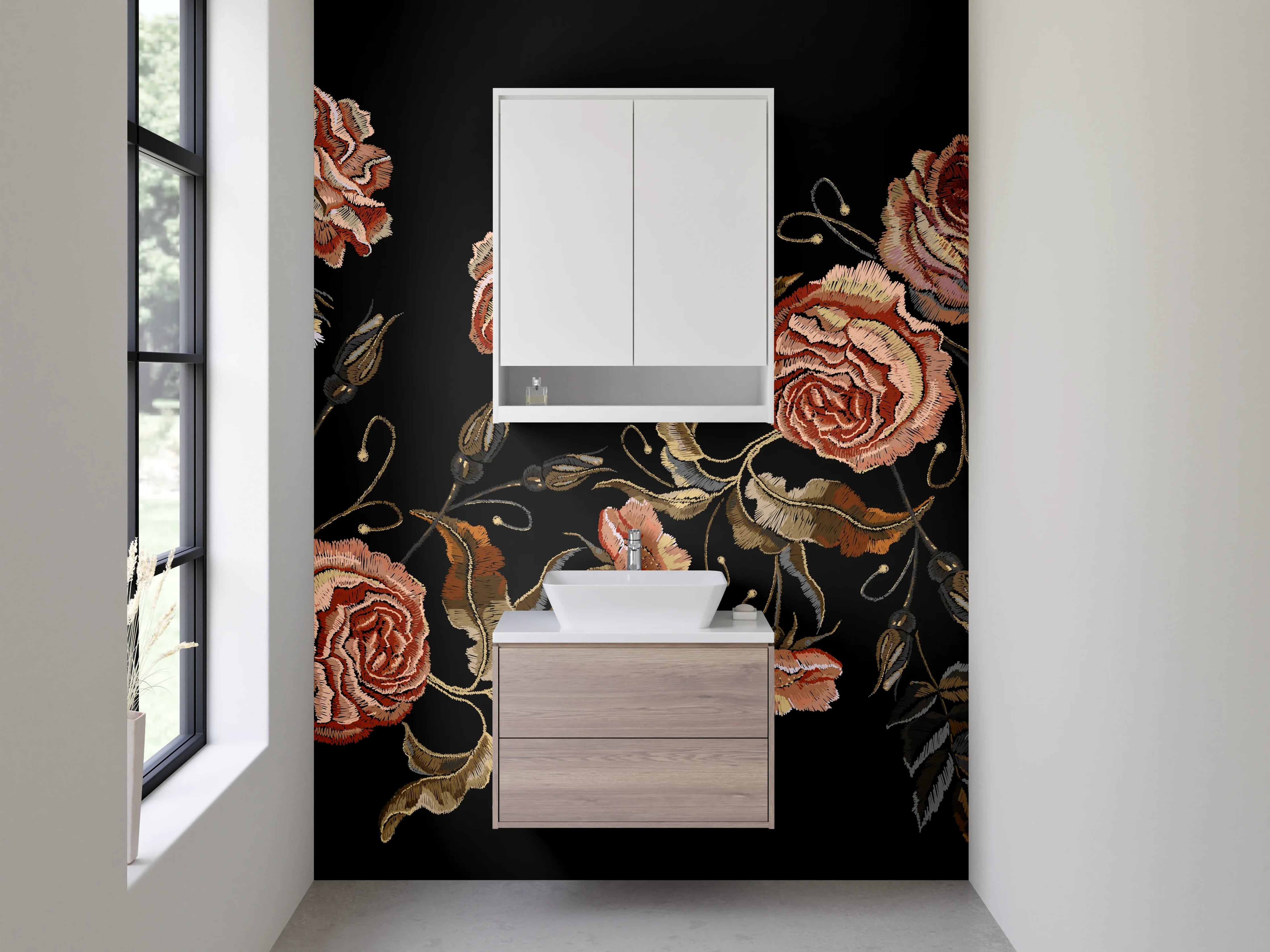 Waschbecken-Rückwand - Gestickte Rosen auf Schwarz