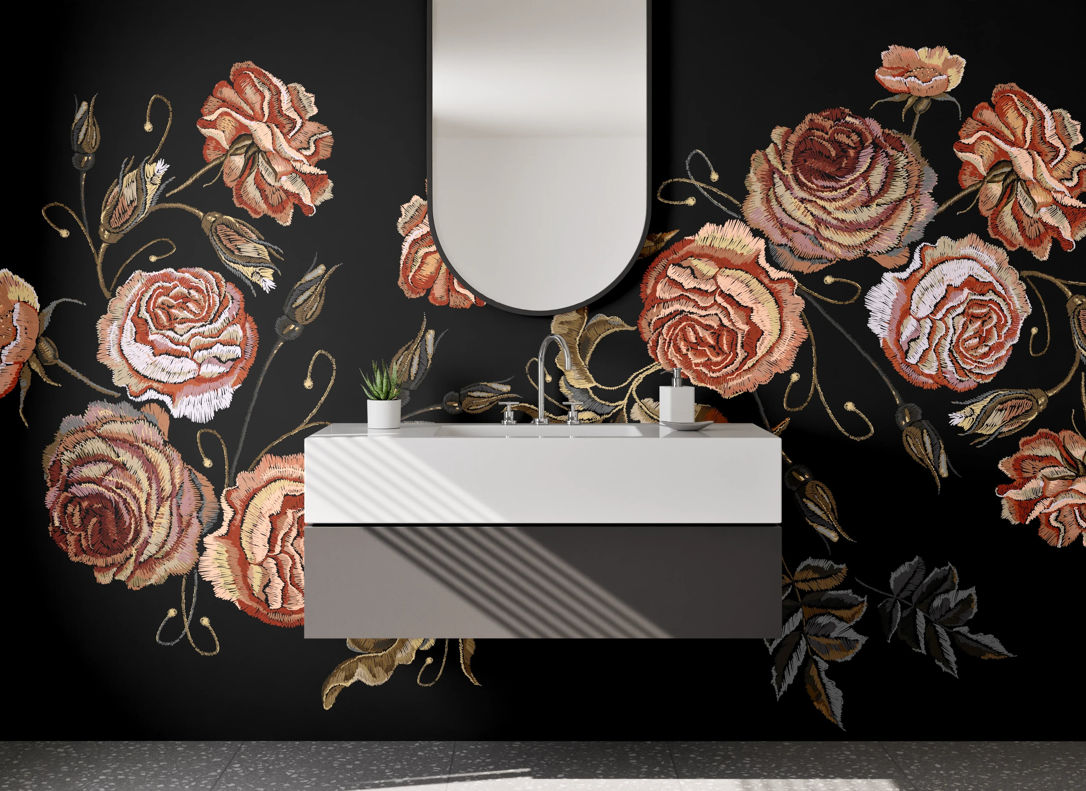 Waschbecken-Rückwand - Gestickte Rosen auf Schwarz