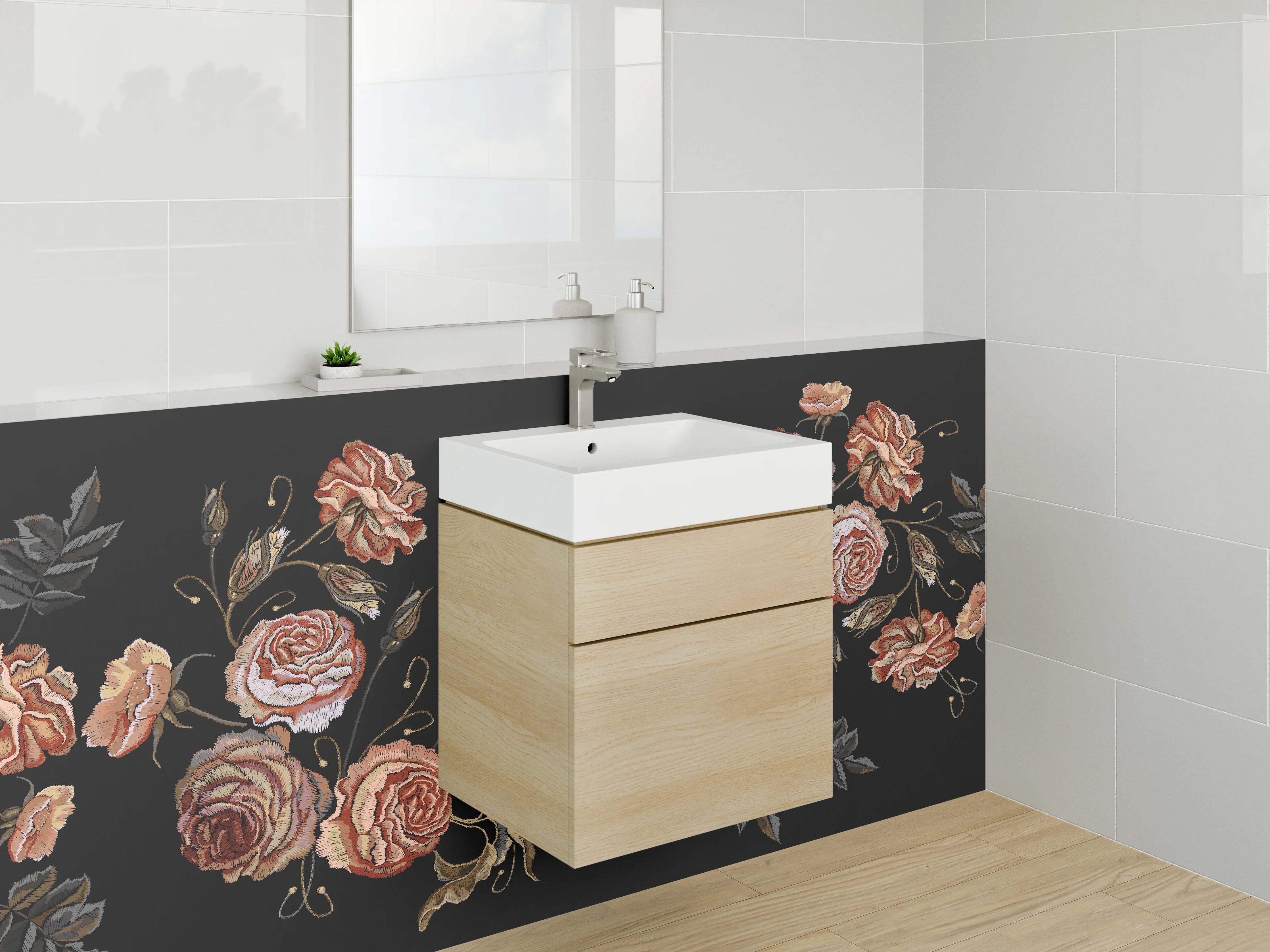 Waschbecken-Rückwand - Gestickte Rosen auf Schwarz