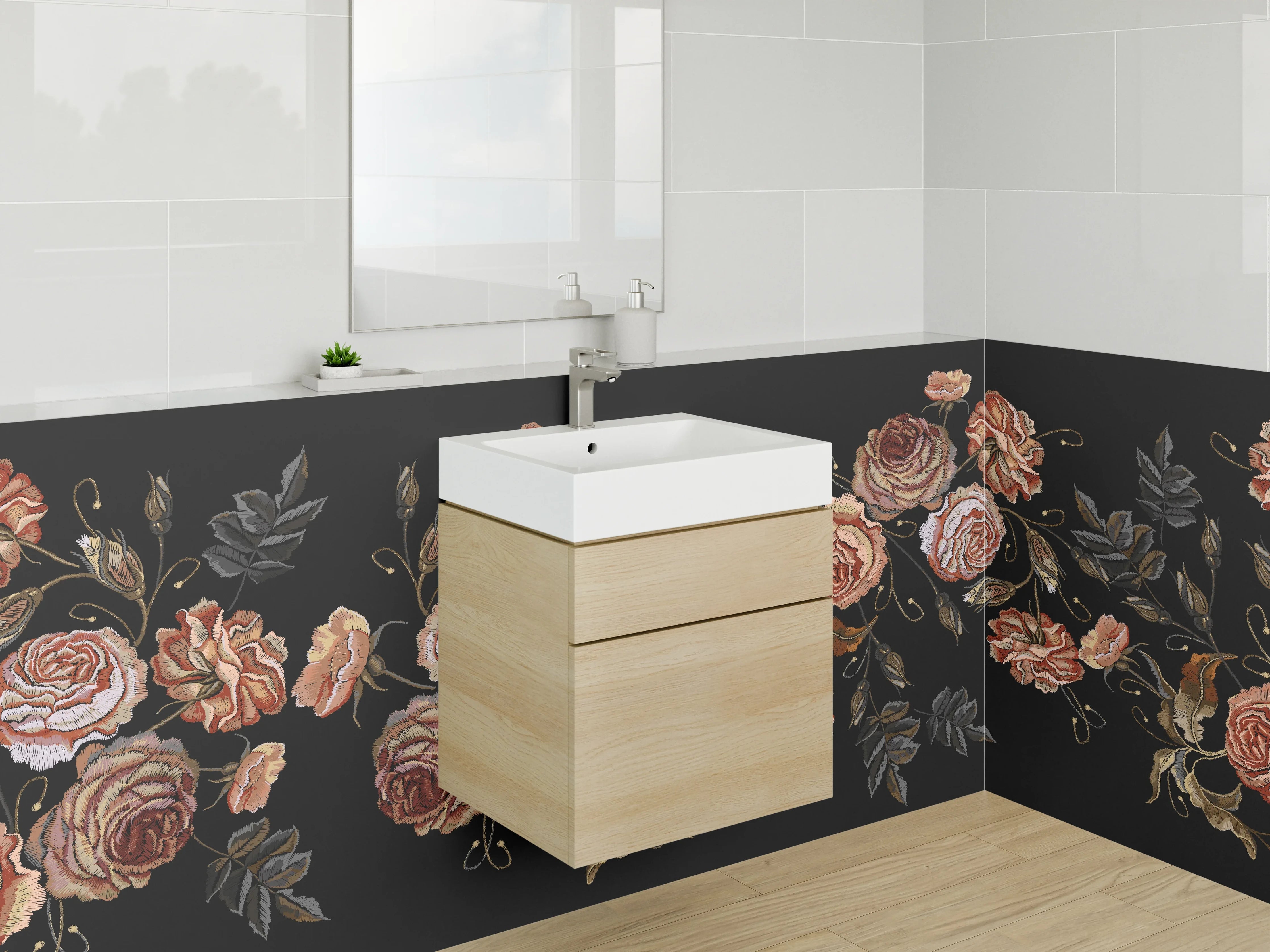 Waschbecken-Rückwand - Gestickte Rosen auf Schwarz