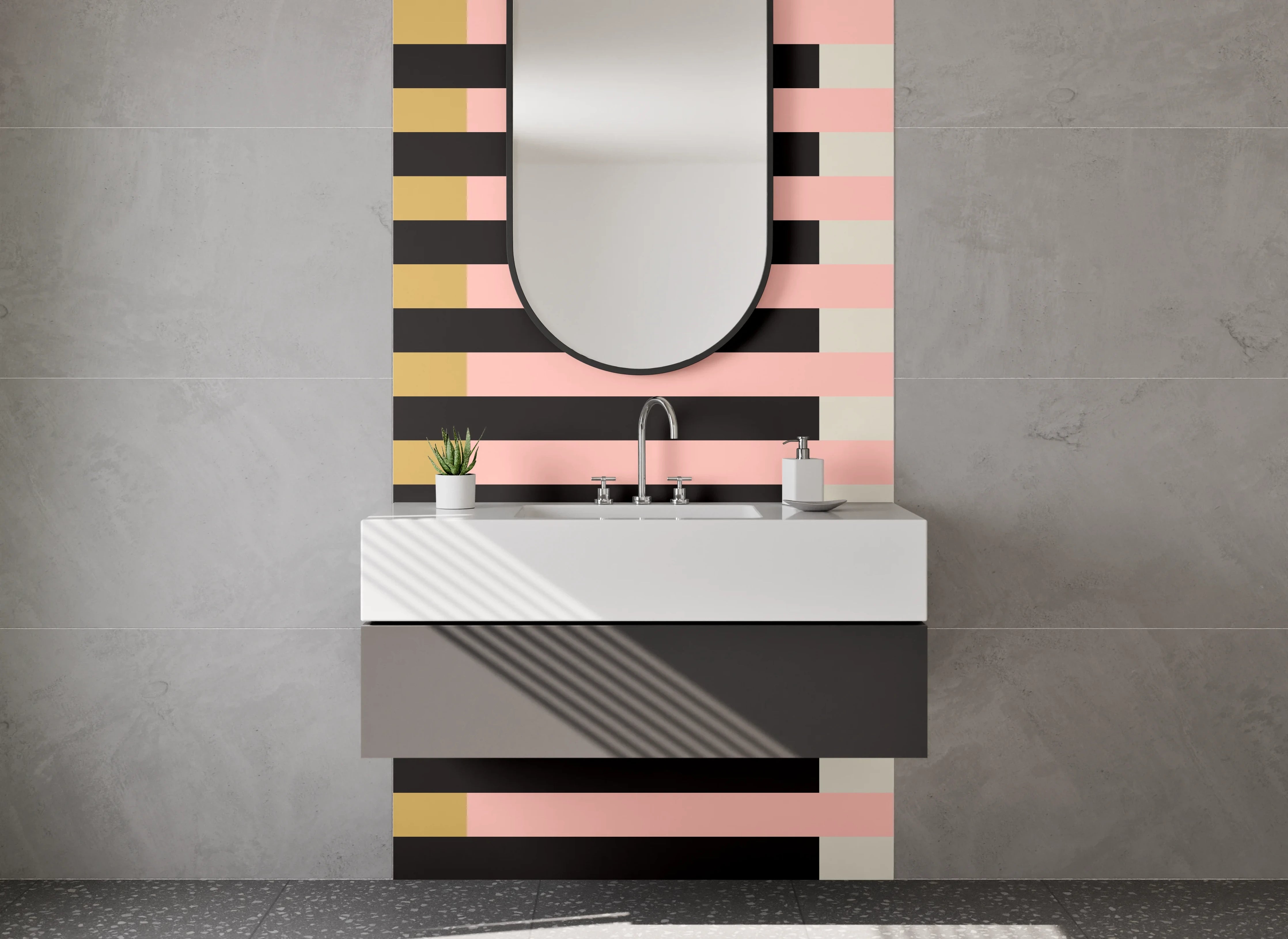Waschbecken-Rückwand - Gestreifte Muster in Braun und Rosa mit schwarzen Akzenten