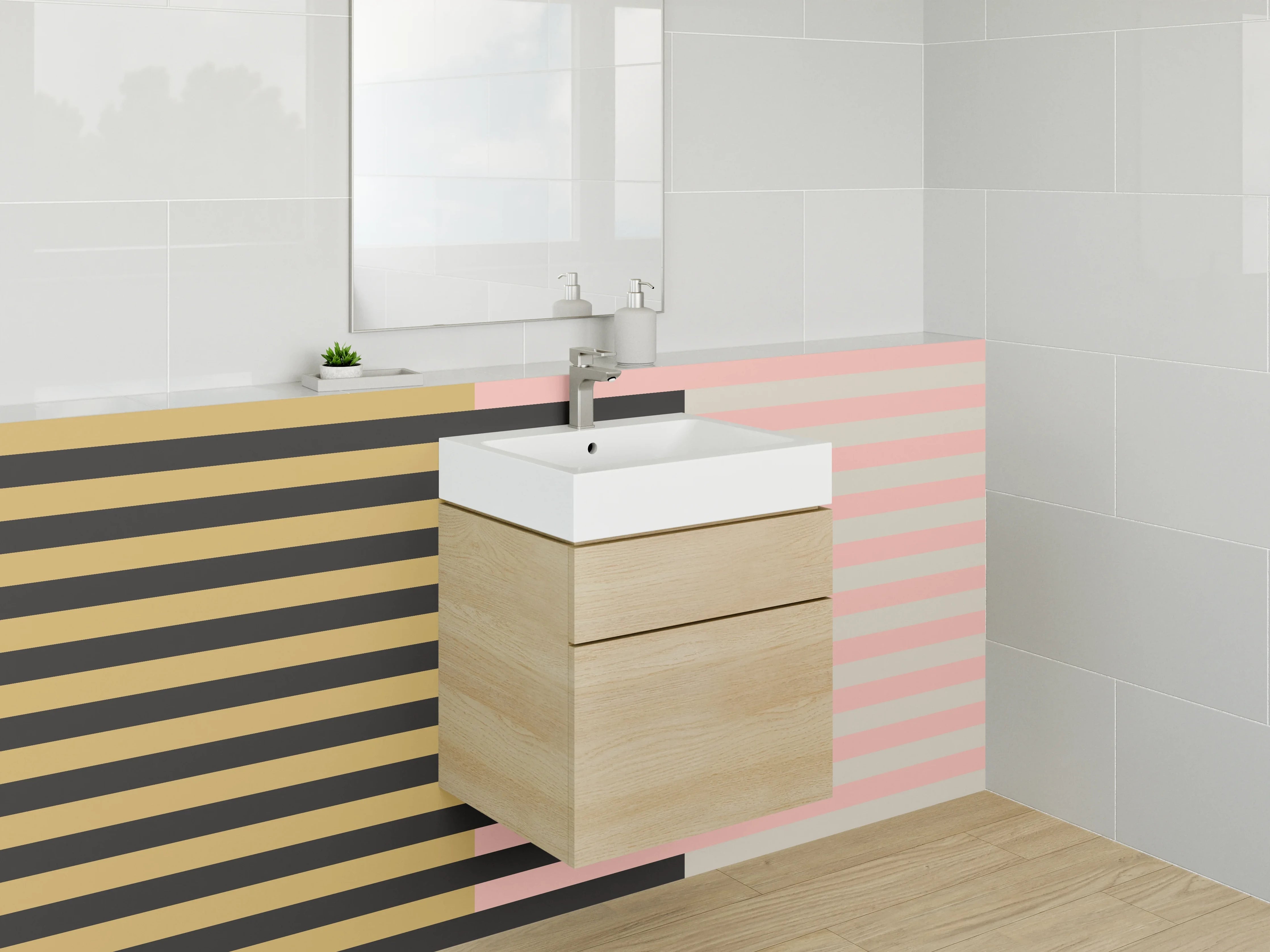 Waschbecken-Rückwand - Gestreifte Muster in Braun und Rosa mit schwarzen Akzenten