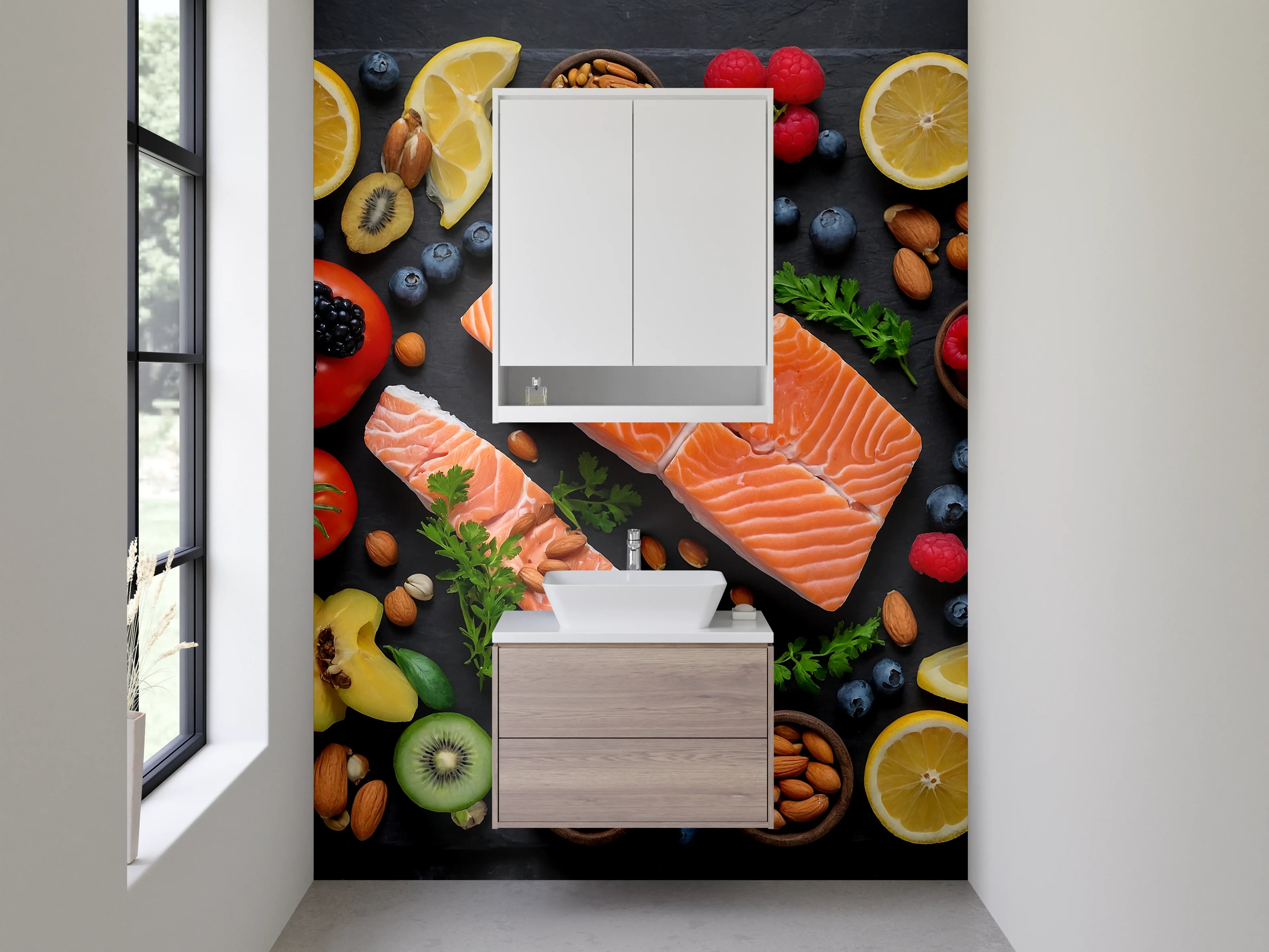 Waschbecken-Rückwand - Gesunde Küche – Lachs und Superfoods