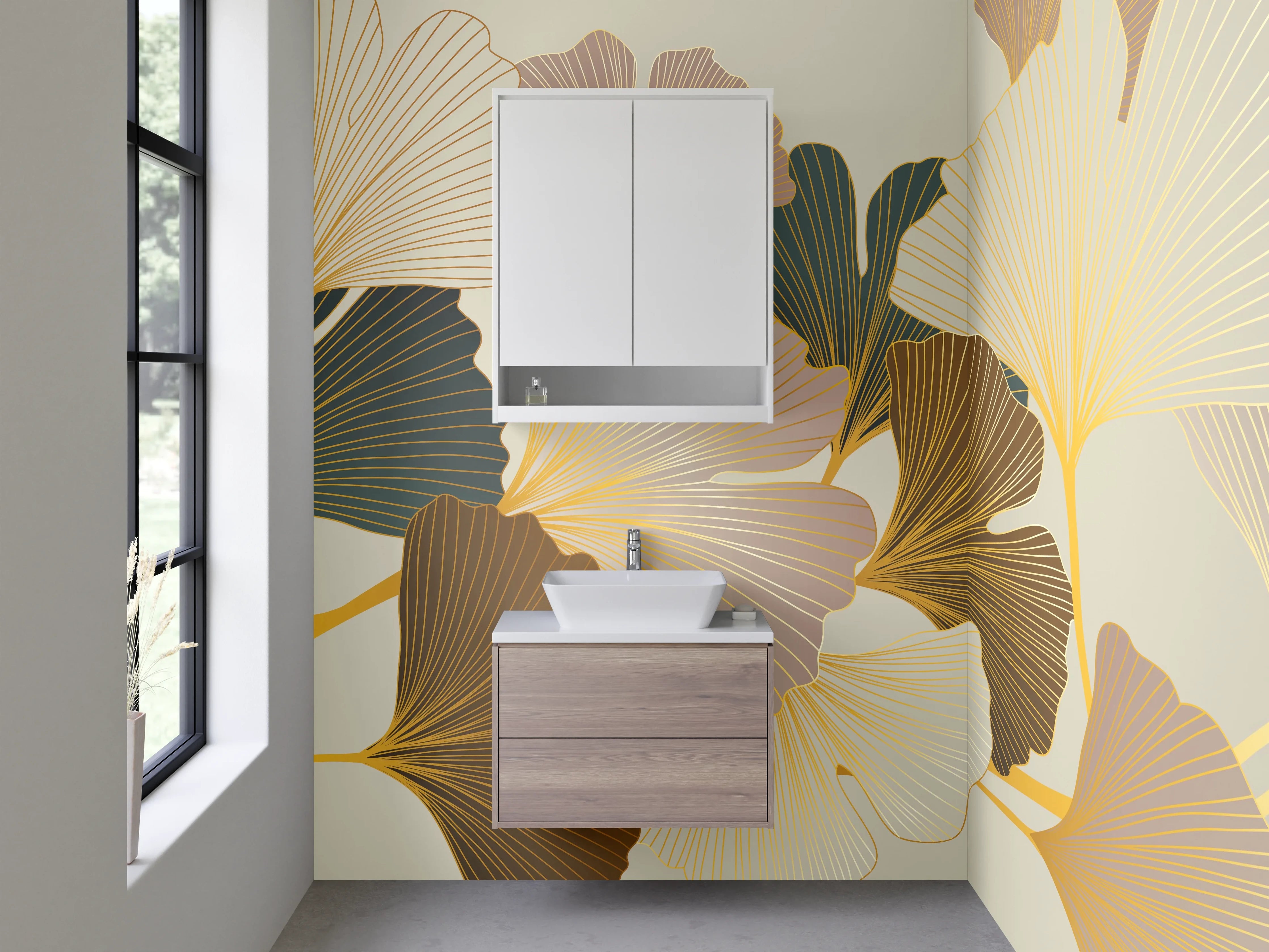 Waschbecken-Rückwand - Ginkgo-Blätter Art Deco Illustration