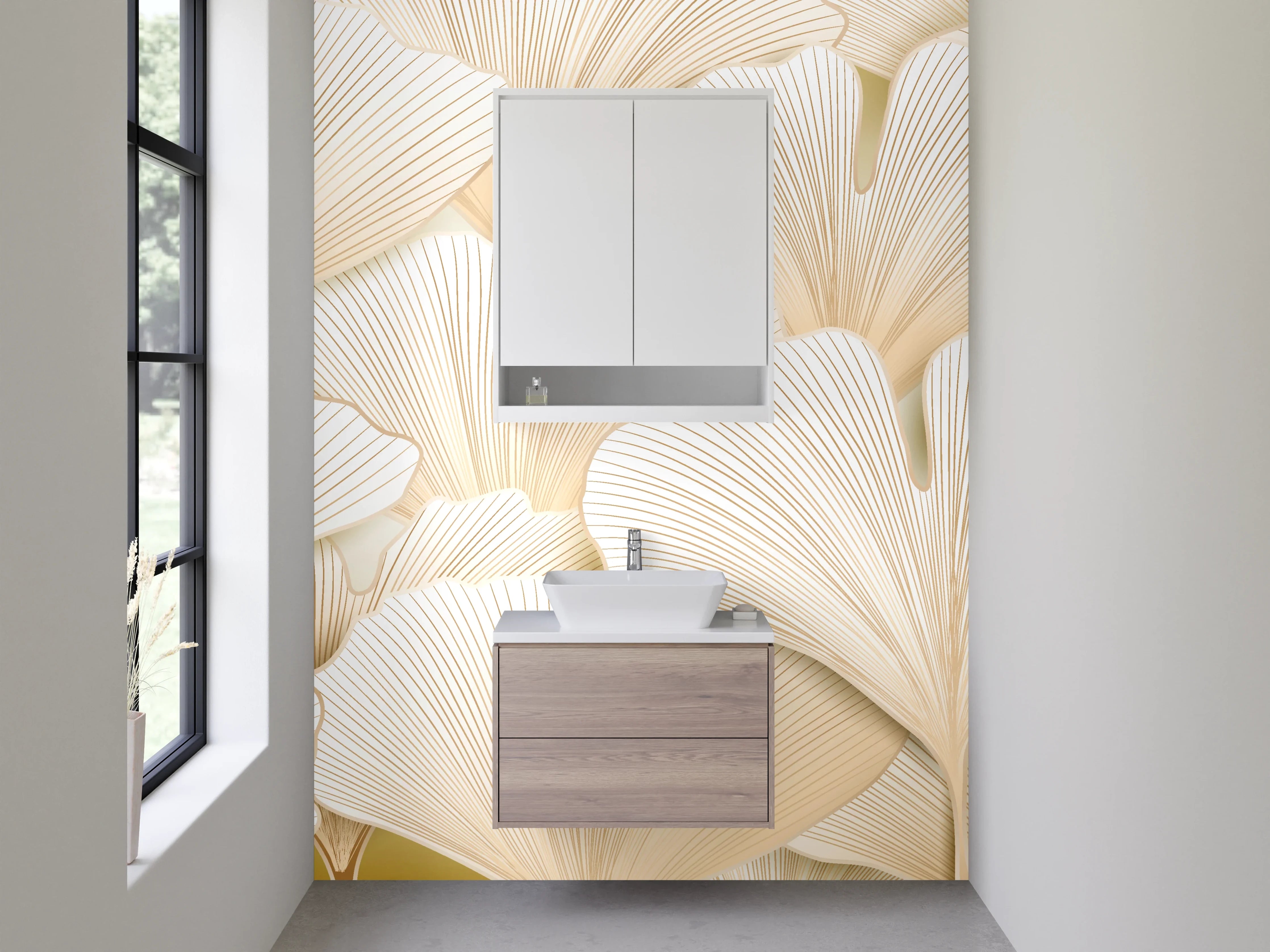 Waschbecken-Rückwand - Ginkgo-Blätter Beige Muster