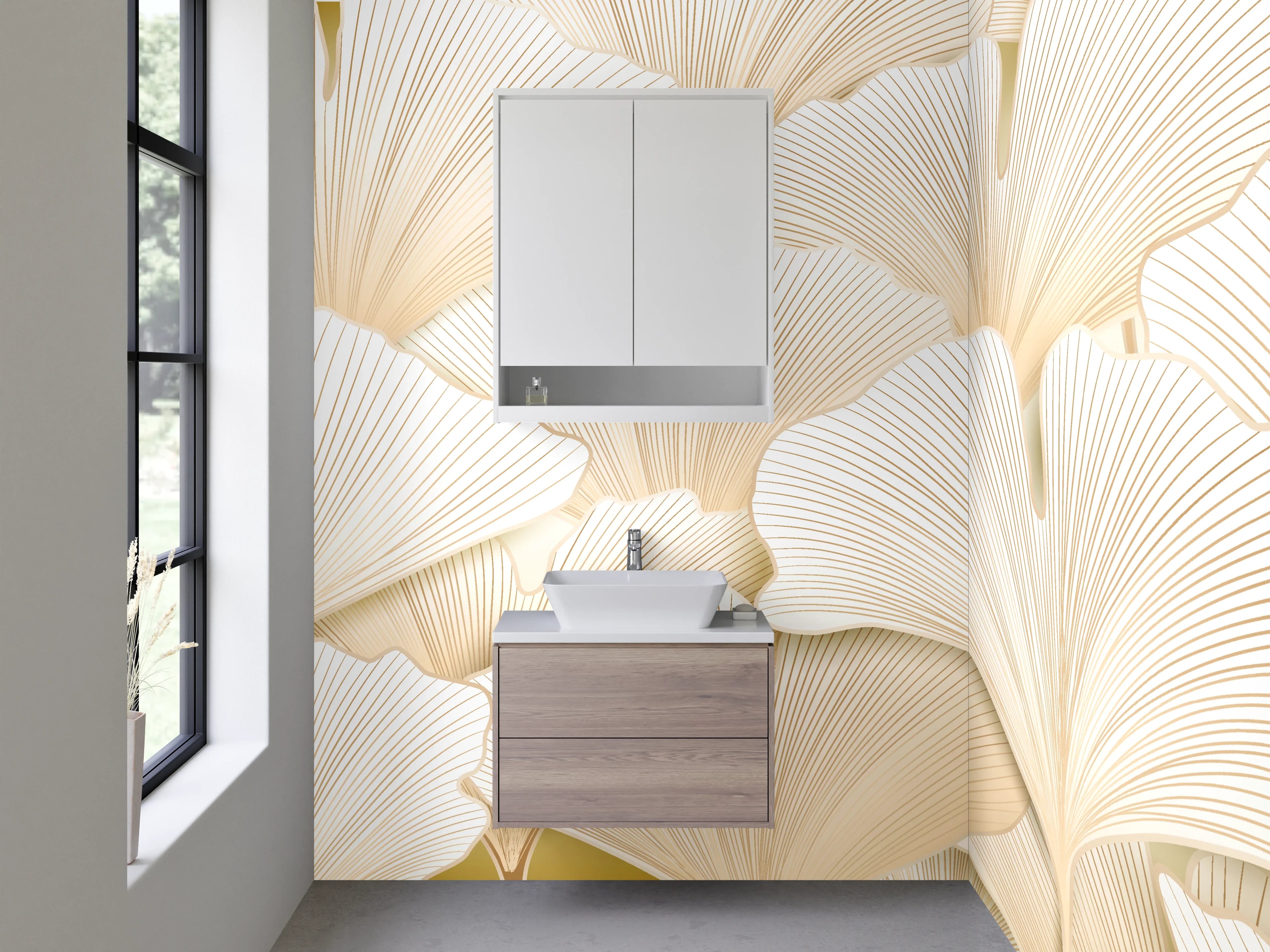 Waschbecken-Rückwand - Ginkgo-Blätter Beige Muster