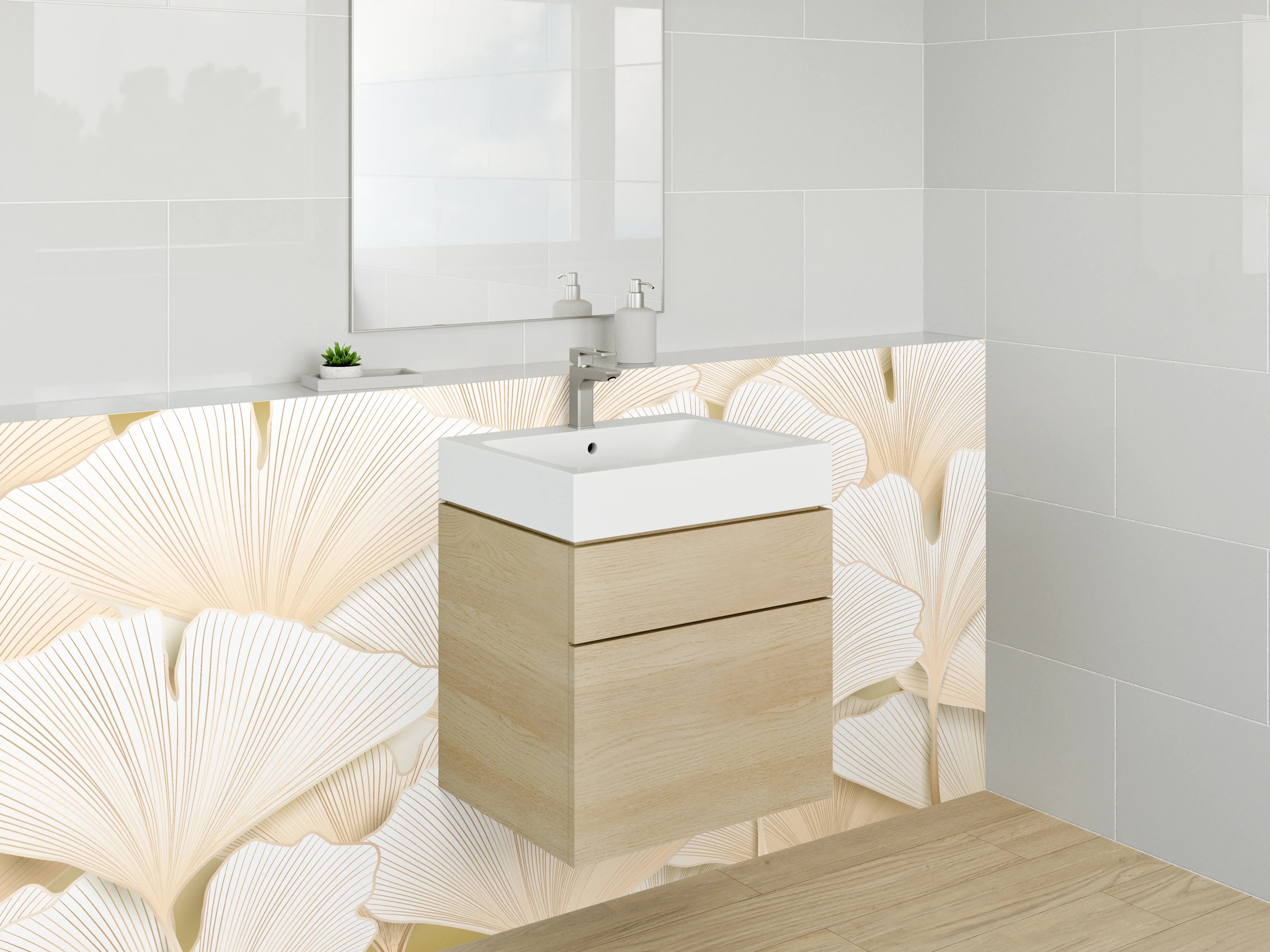 Waschbecken-Rückwand - Ginkgo-Blätter Beige Muster