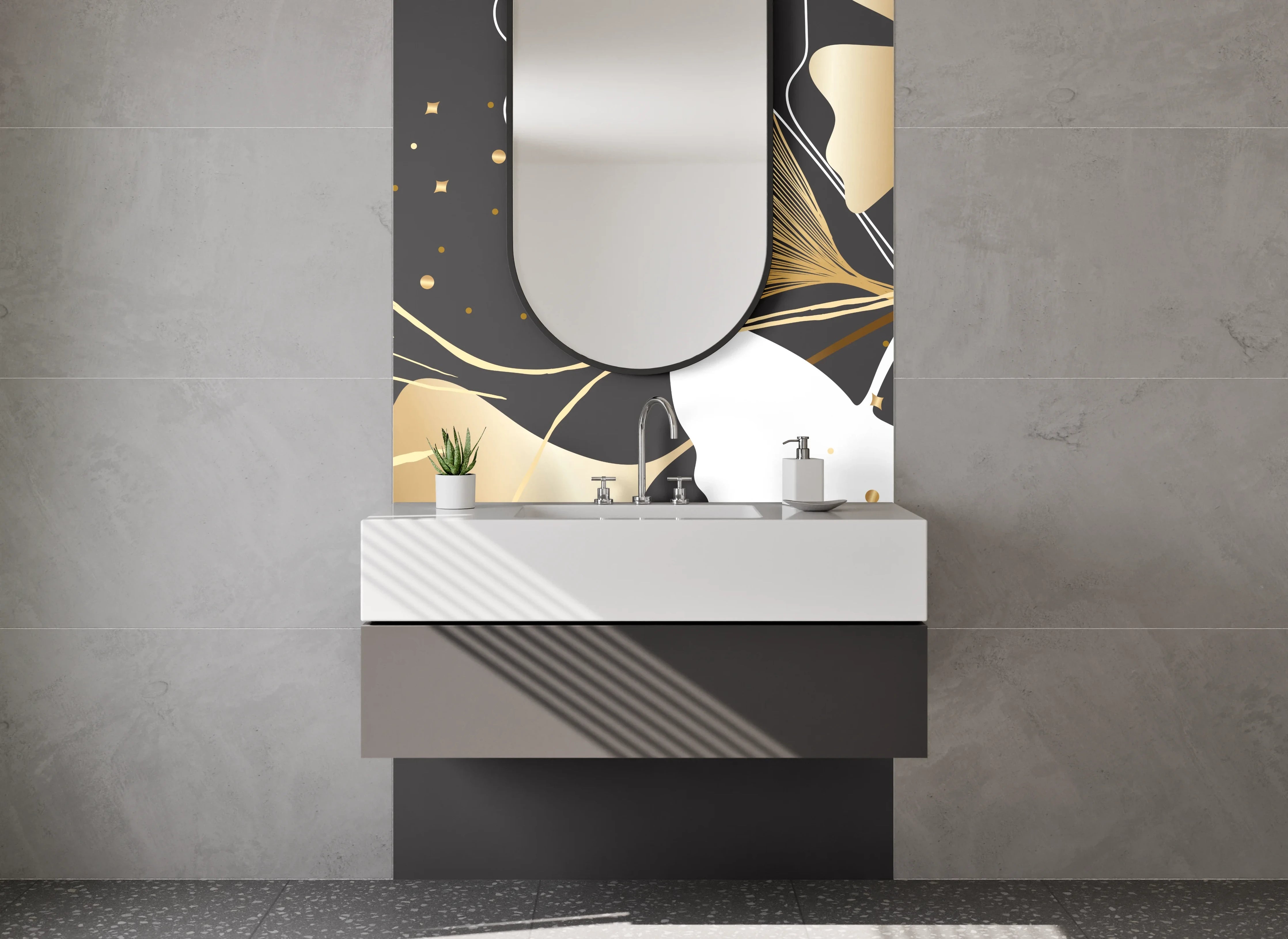 Waschbecken-Rückwand - Ginkgo Blätter Lineart Gold Akzent