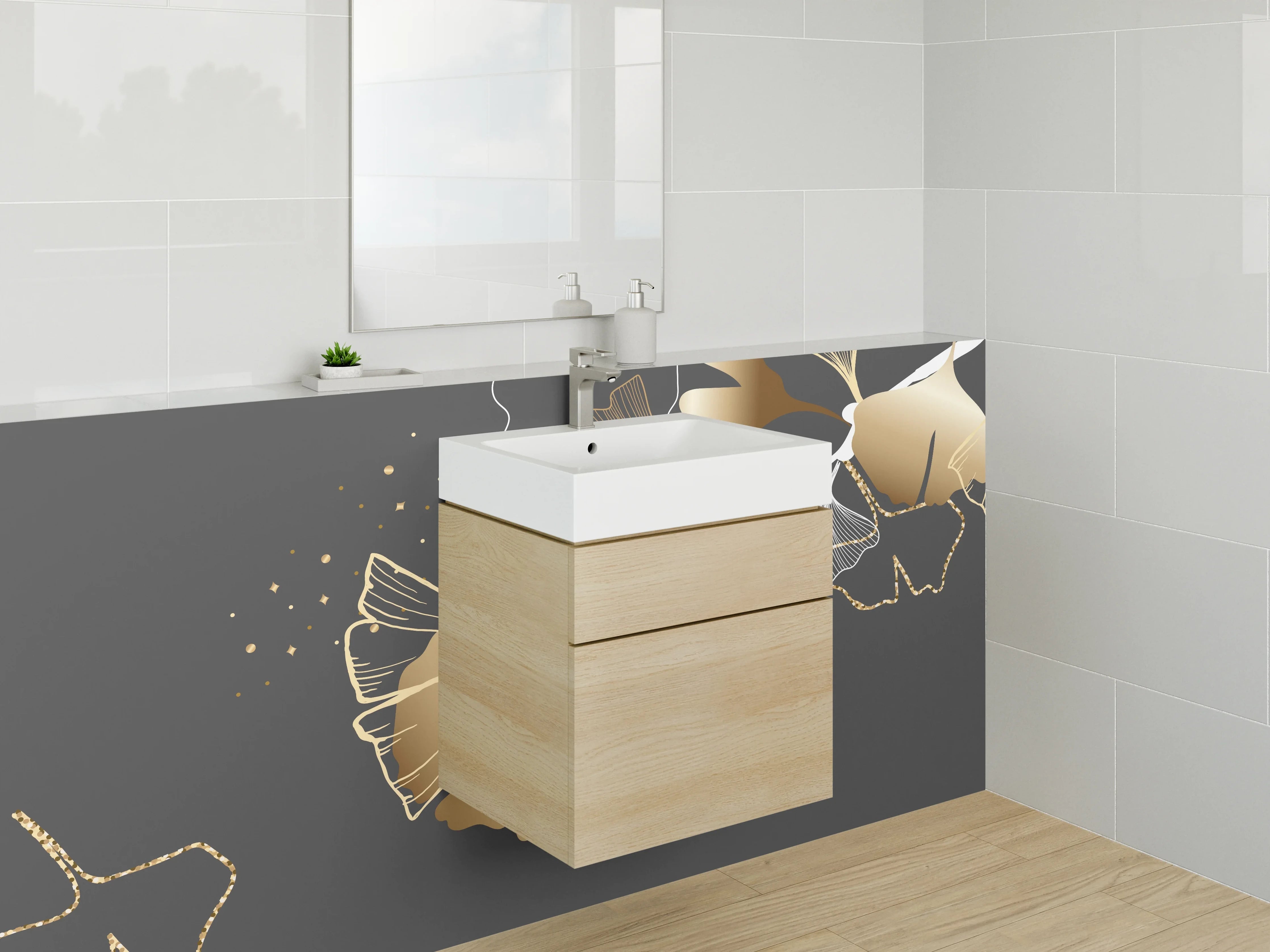 Waschbecken-Rückwand - Ginkgo Blätter Lineart Gold Akzent