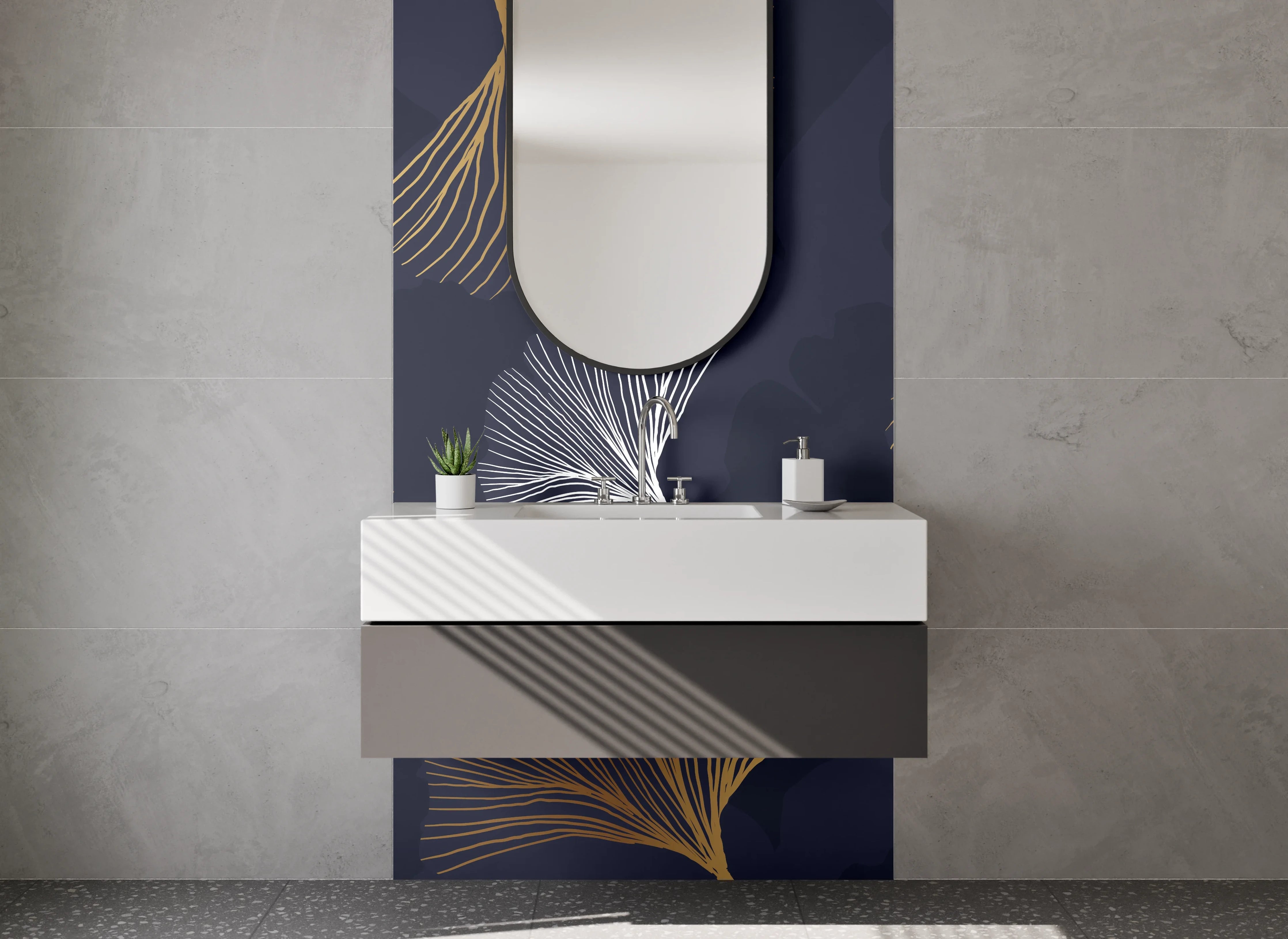 Waschbecken-Rückwand - Ginkgo Line Art Gold Anthrazit