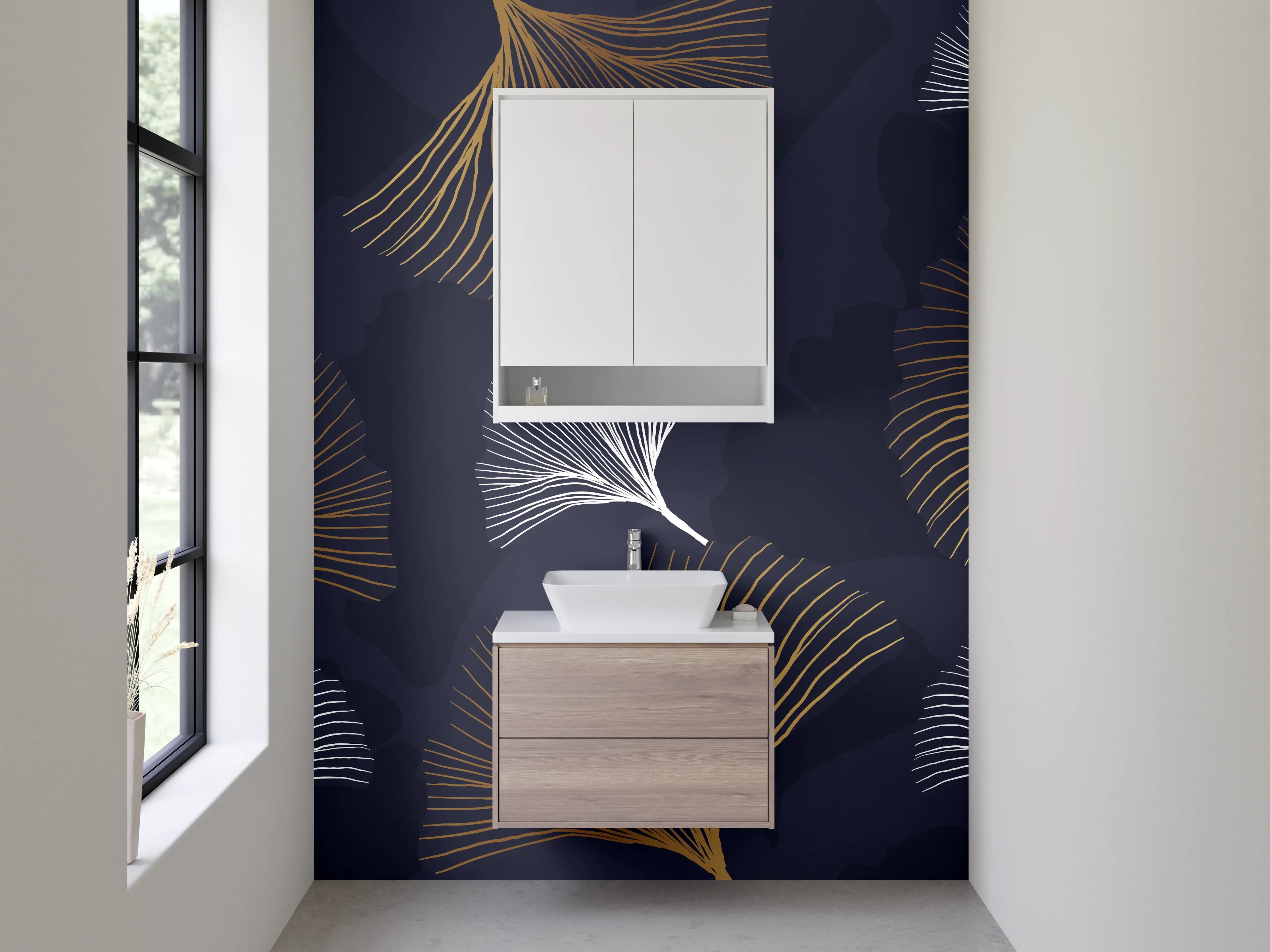 Waschbecken-Rückwand - Ginkgo-Lineart auf Dunkelblau – Modern