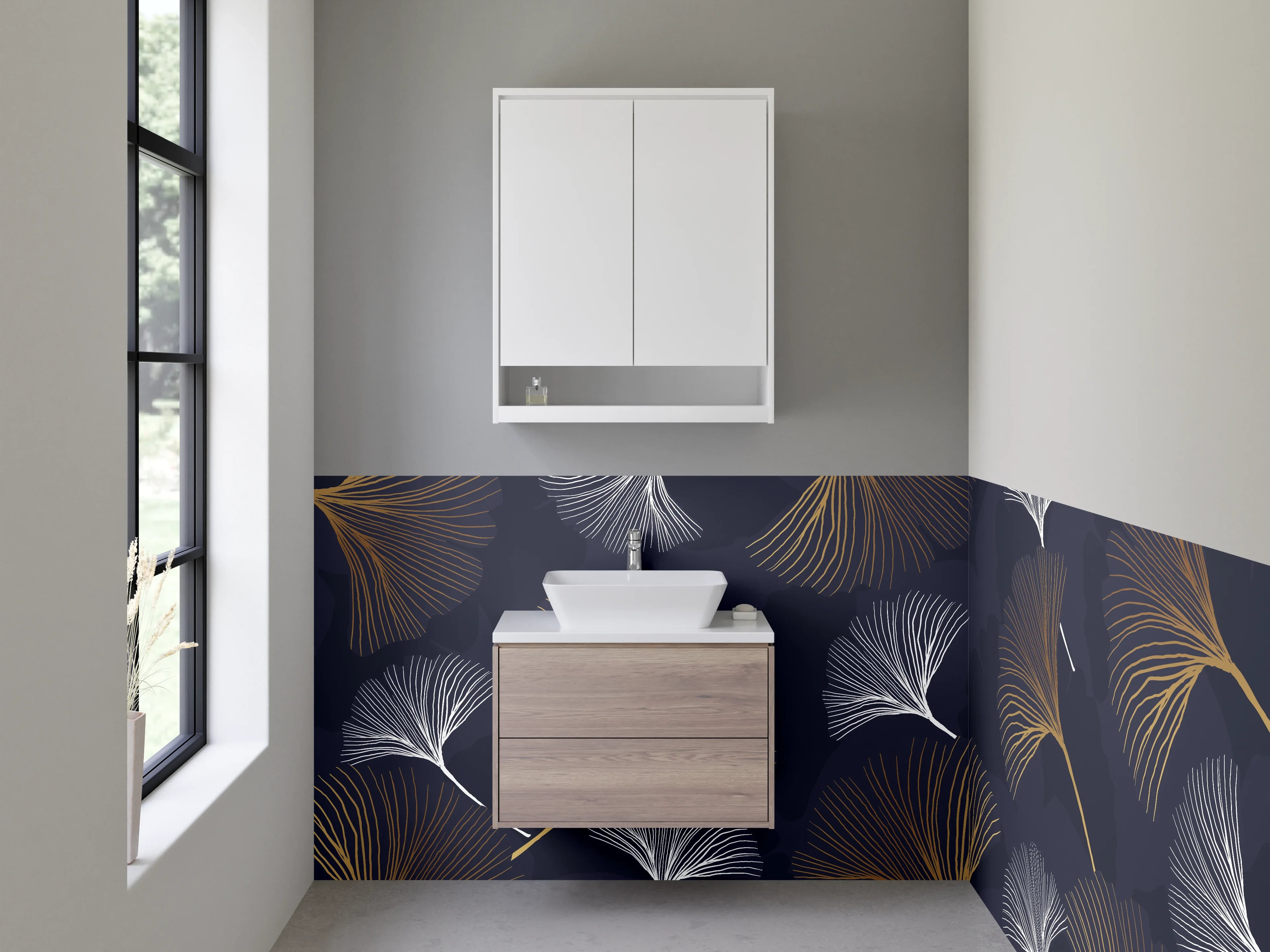 Waschbecken-Rückwand - Ginkgo-Lineart auf Dunkelblau – Modern