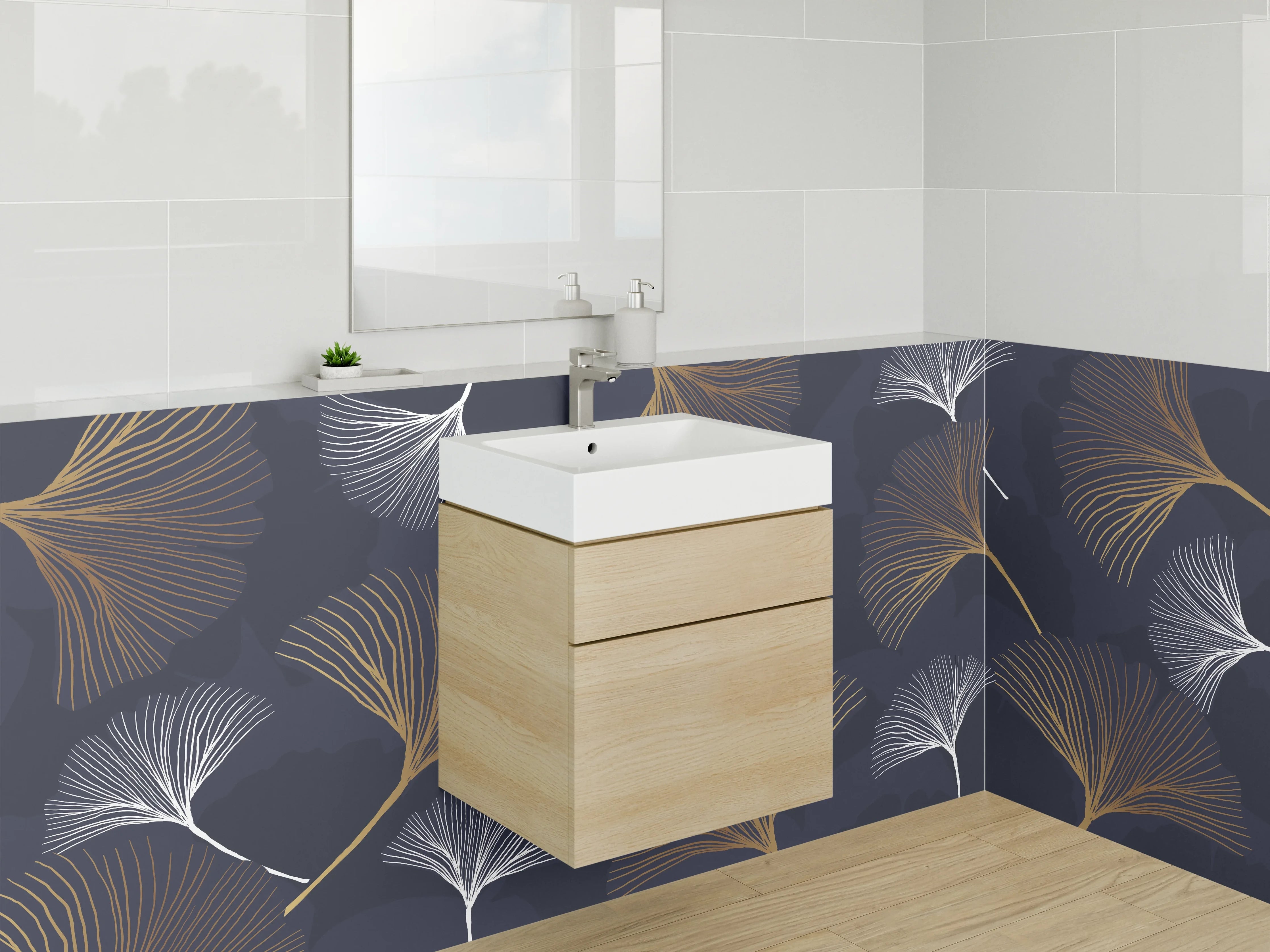 Waschbecken-Rückwand - Ginkgo-Lineart auf Dunkelblau – Modern