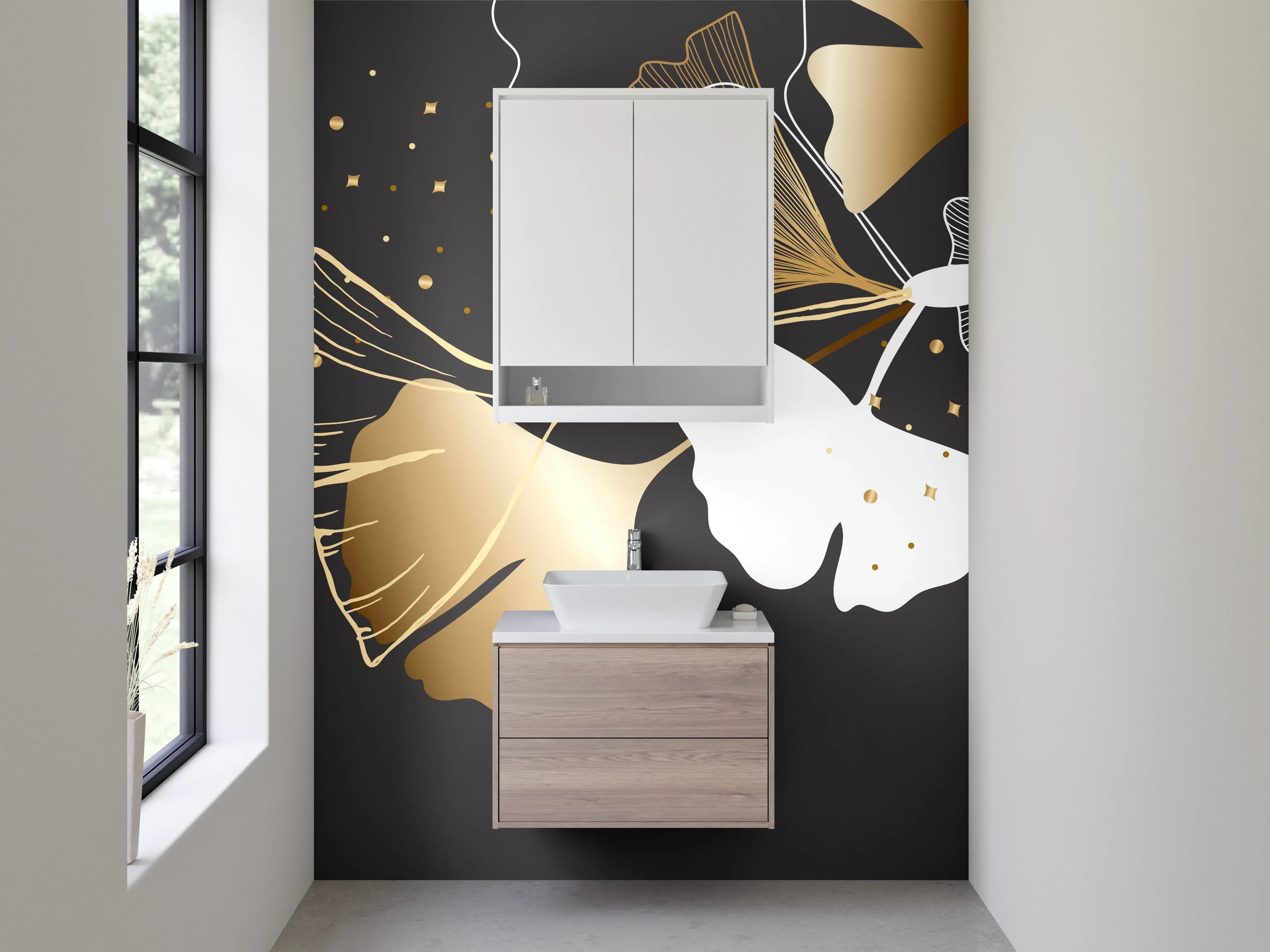 Waschbecken-Rückwand - Ginkgo & Schmetterlinge Lineart Gold