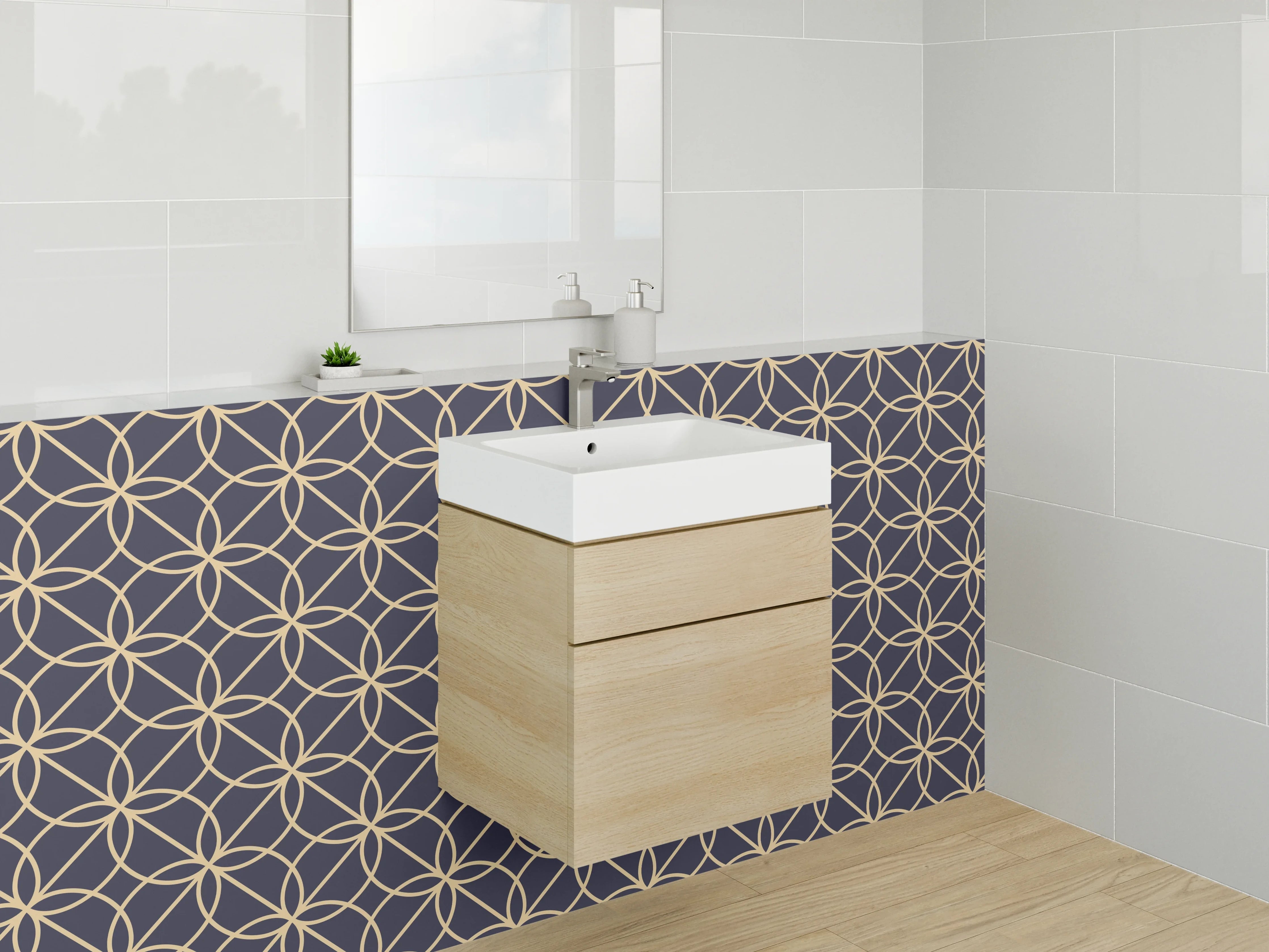 Waschbecken-Rückwand - Gold, Nachtblau und Silbergrau Geometrie