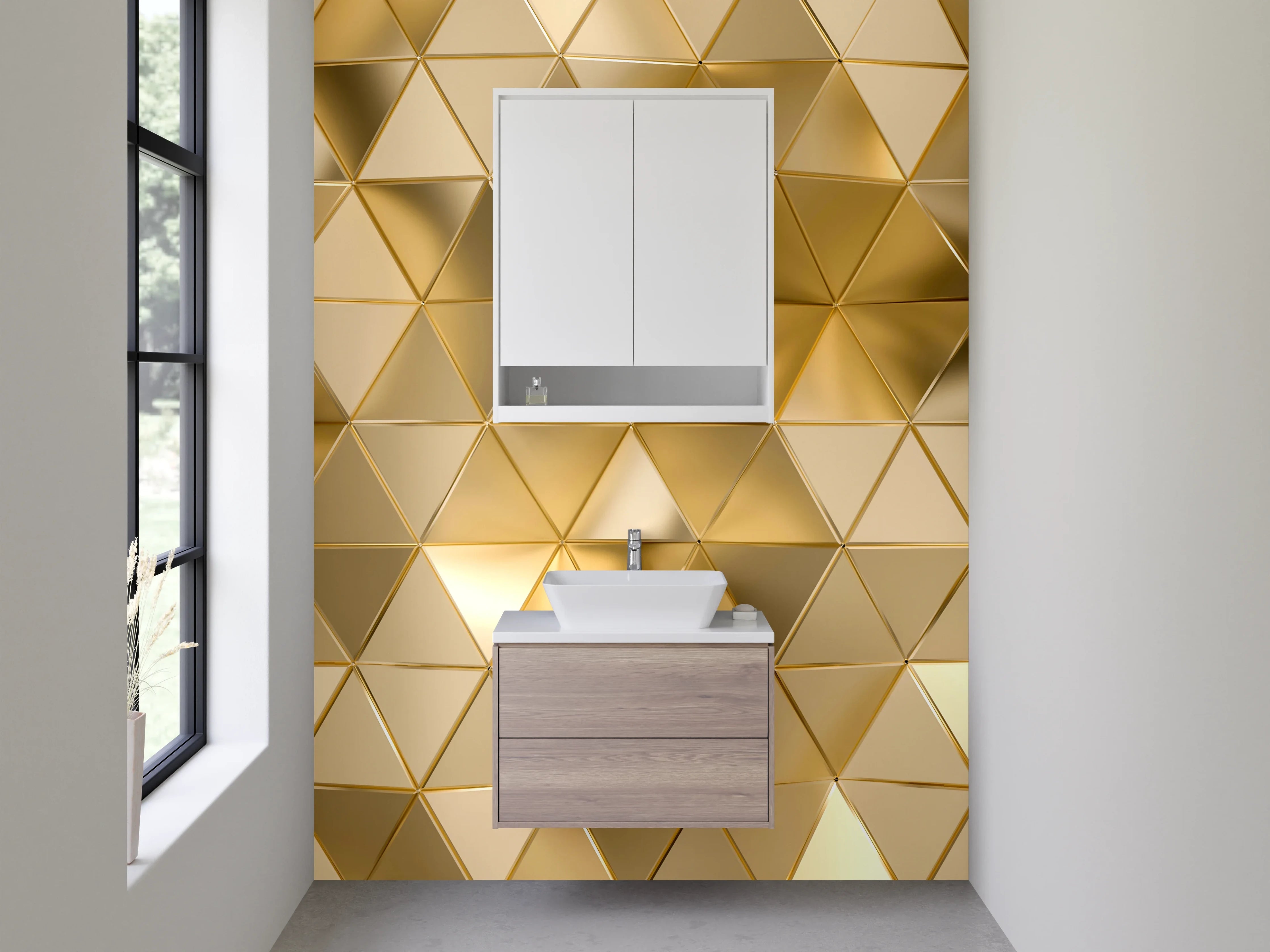 Waschbecken-Rückwand - Goldene 3D Mosaik Dreiecke