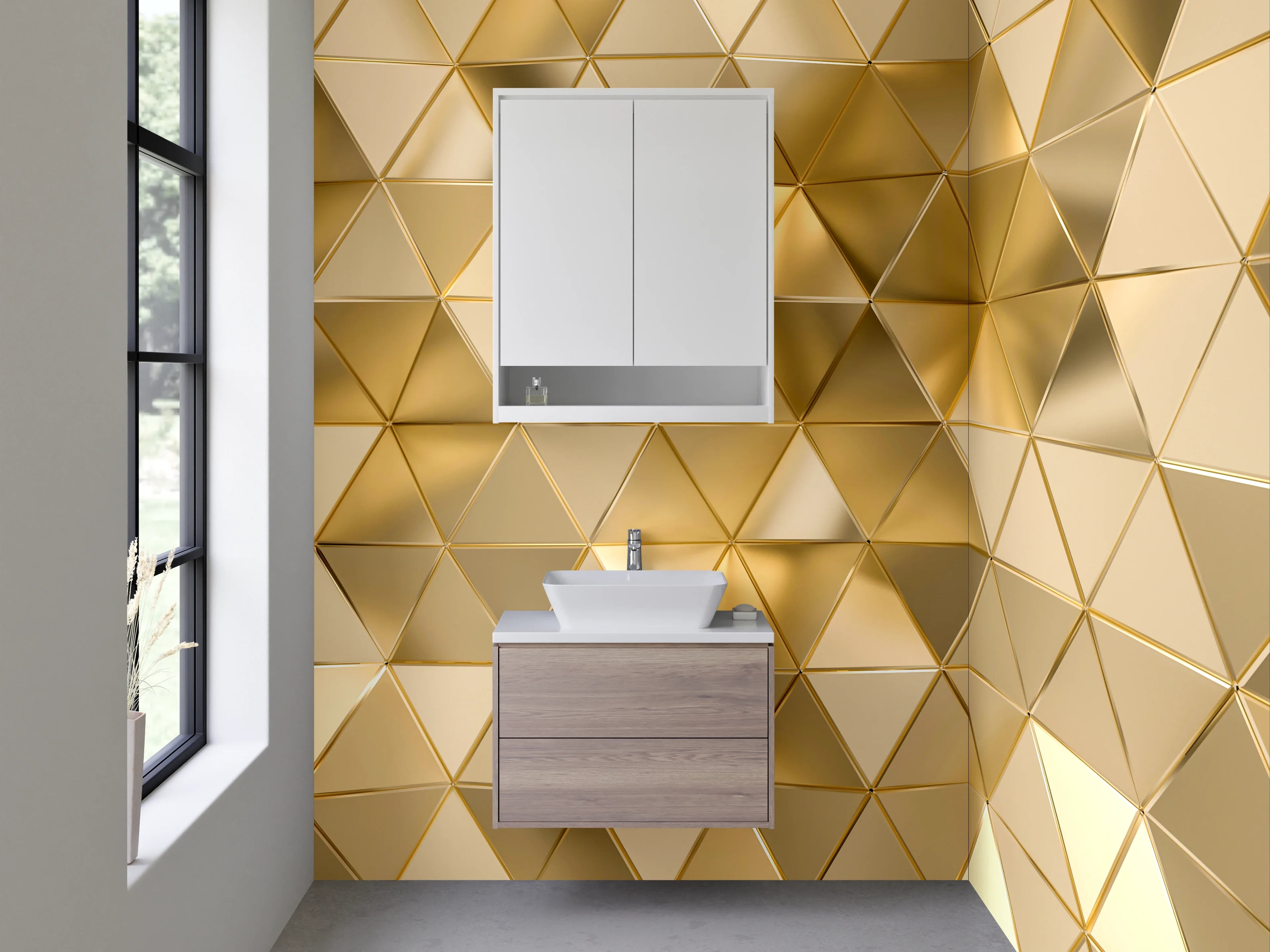 Waschbecken-Rückwand - Goldene 3D Mosaik Dreiecke