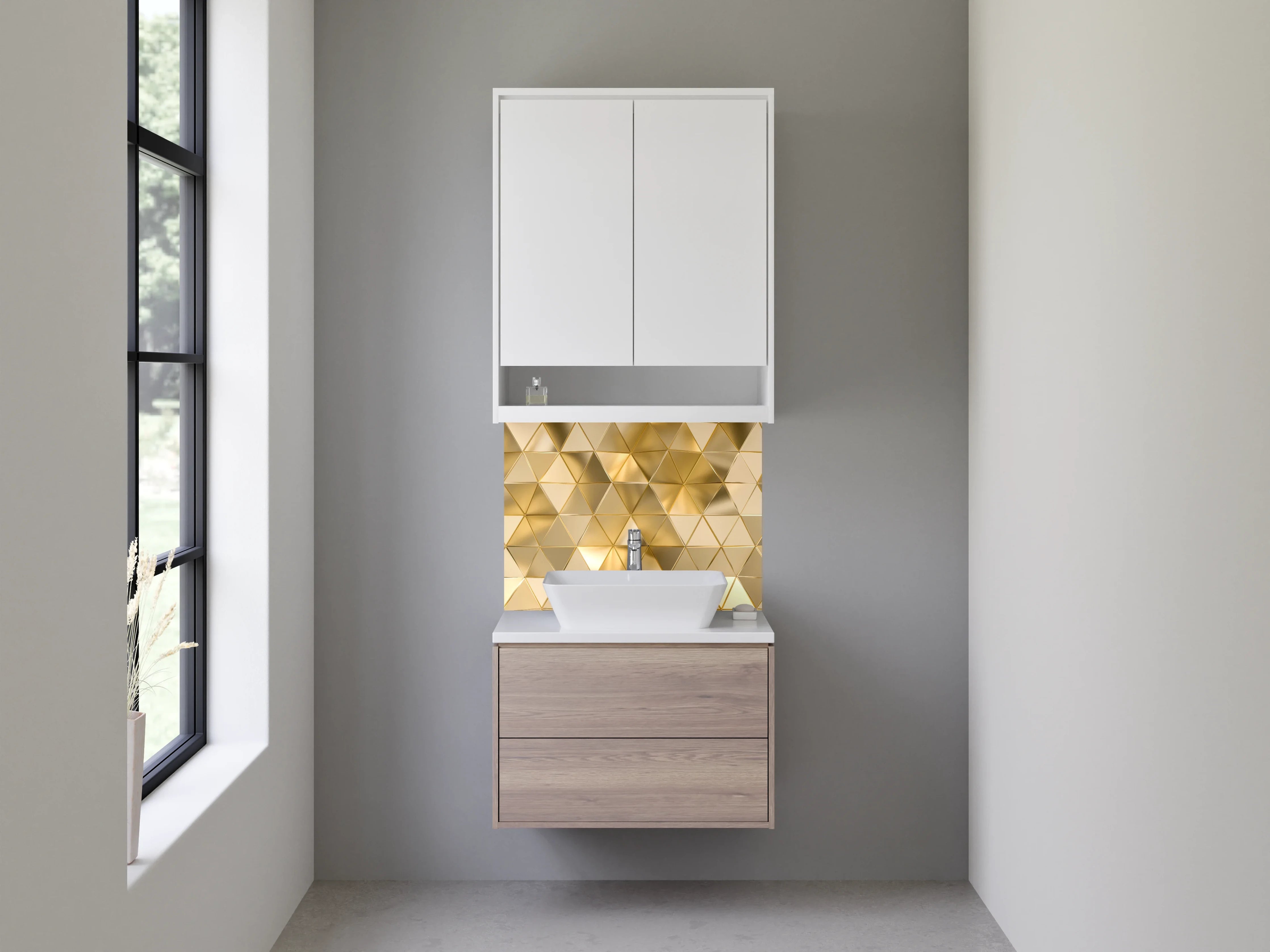 Waschbecken-Rückwand - Goldene 3D Mosaik Dreiecke