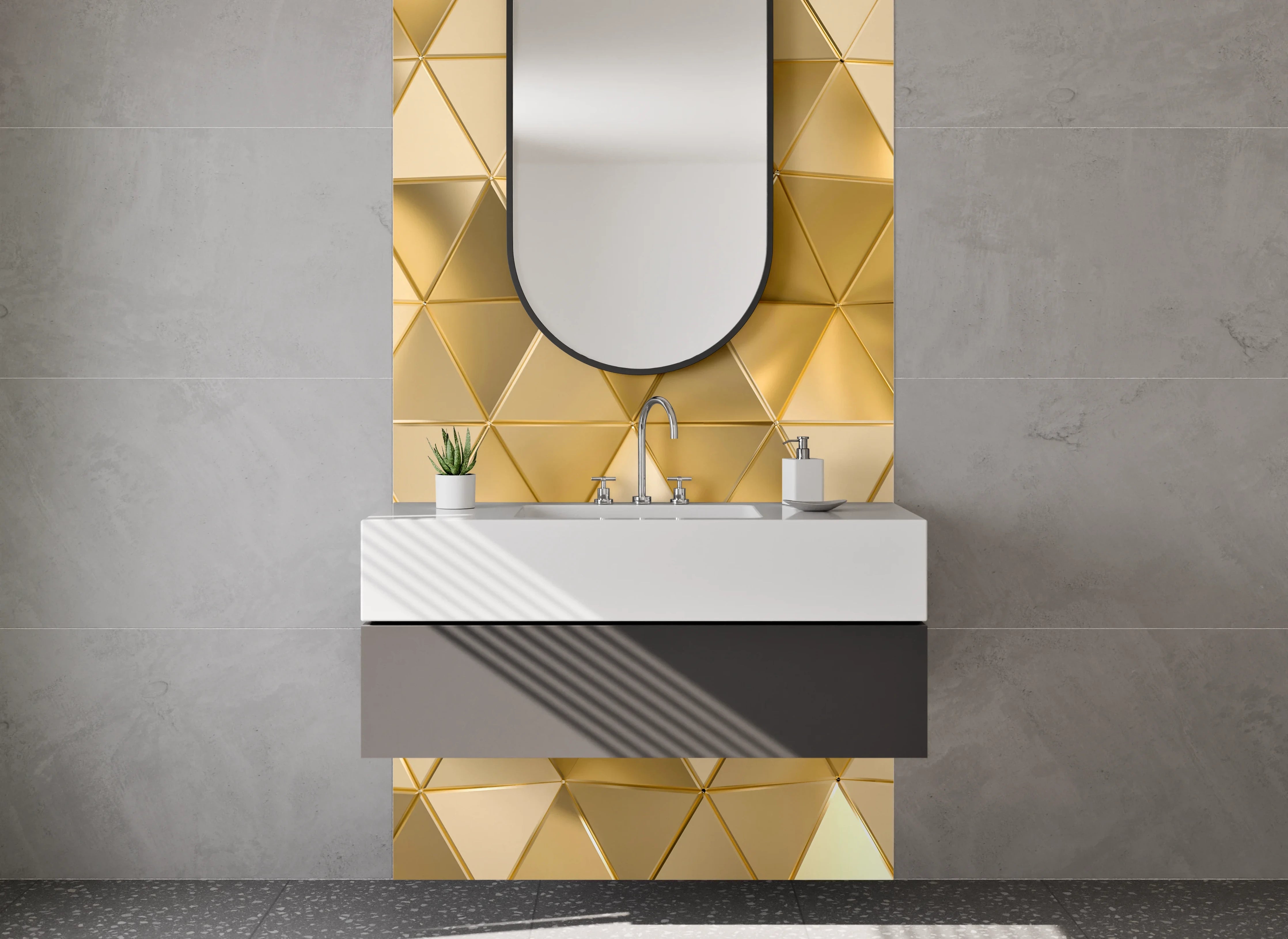 Waschbecken-Rückwand - Goldene 3D Mosaik Dreiecke