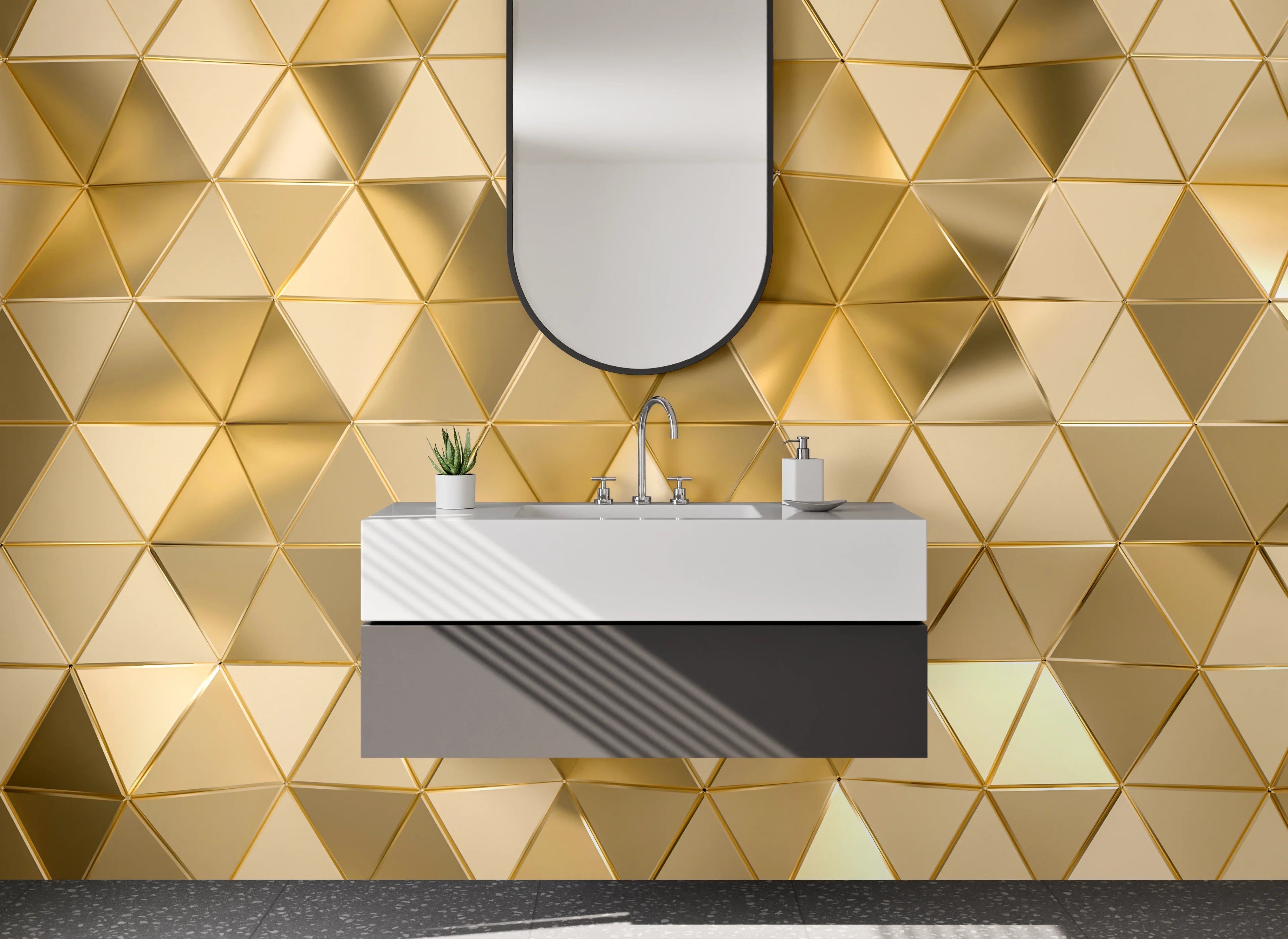 Waschbecken-Rückwand - Goldene 3D Mosaik Dreiecke