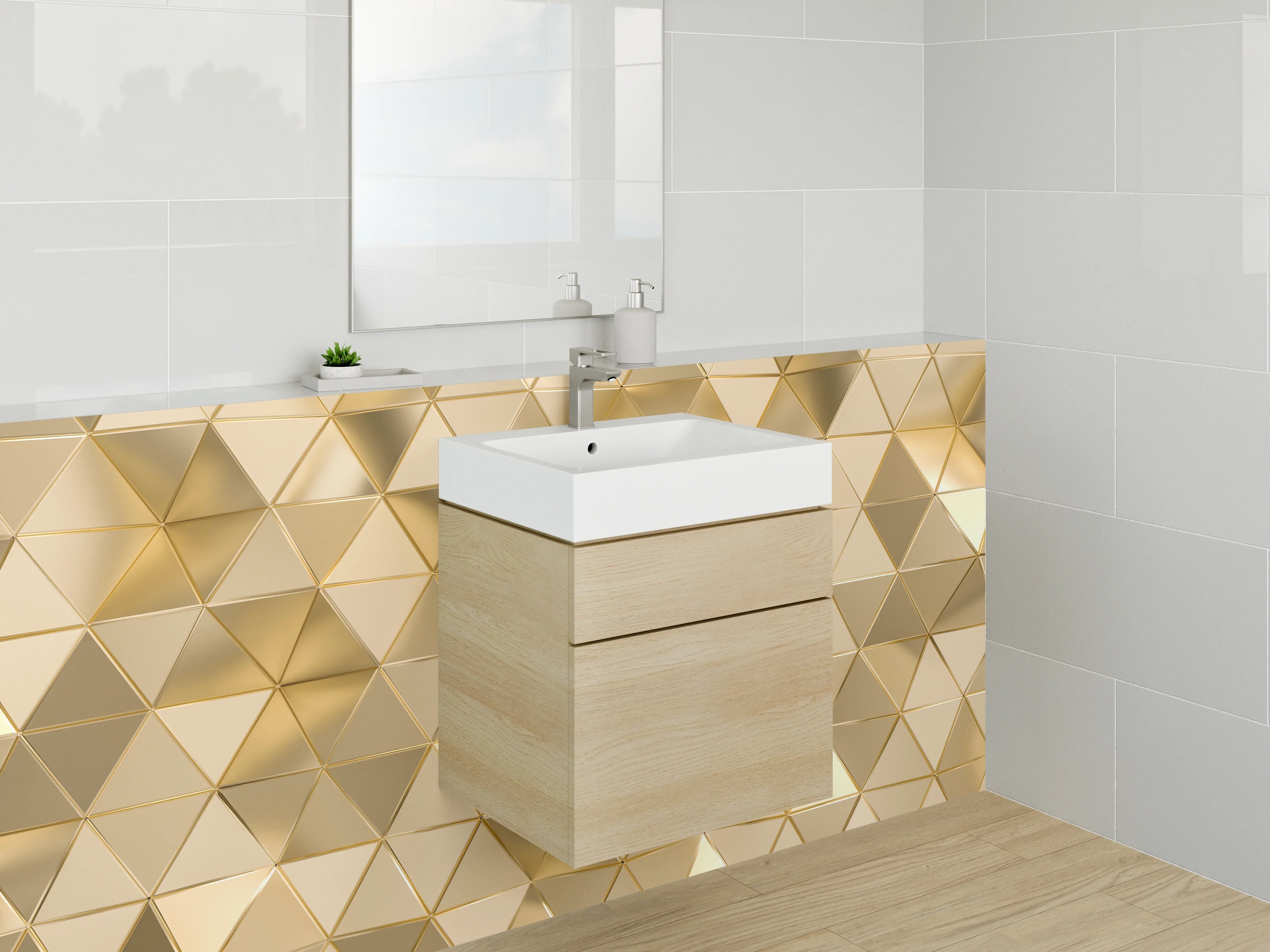 Waschbecken-Rückwand - Goldene 3D Mosaik Dreiecke