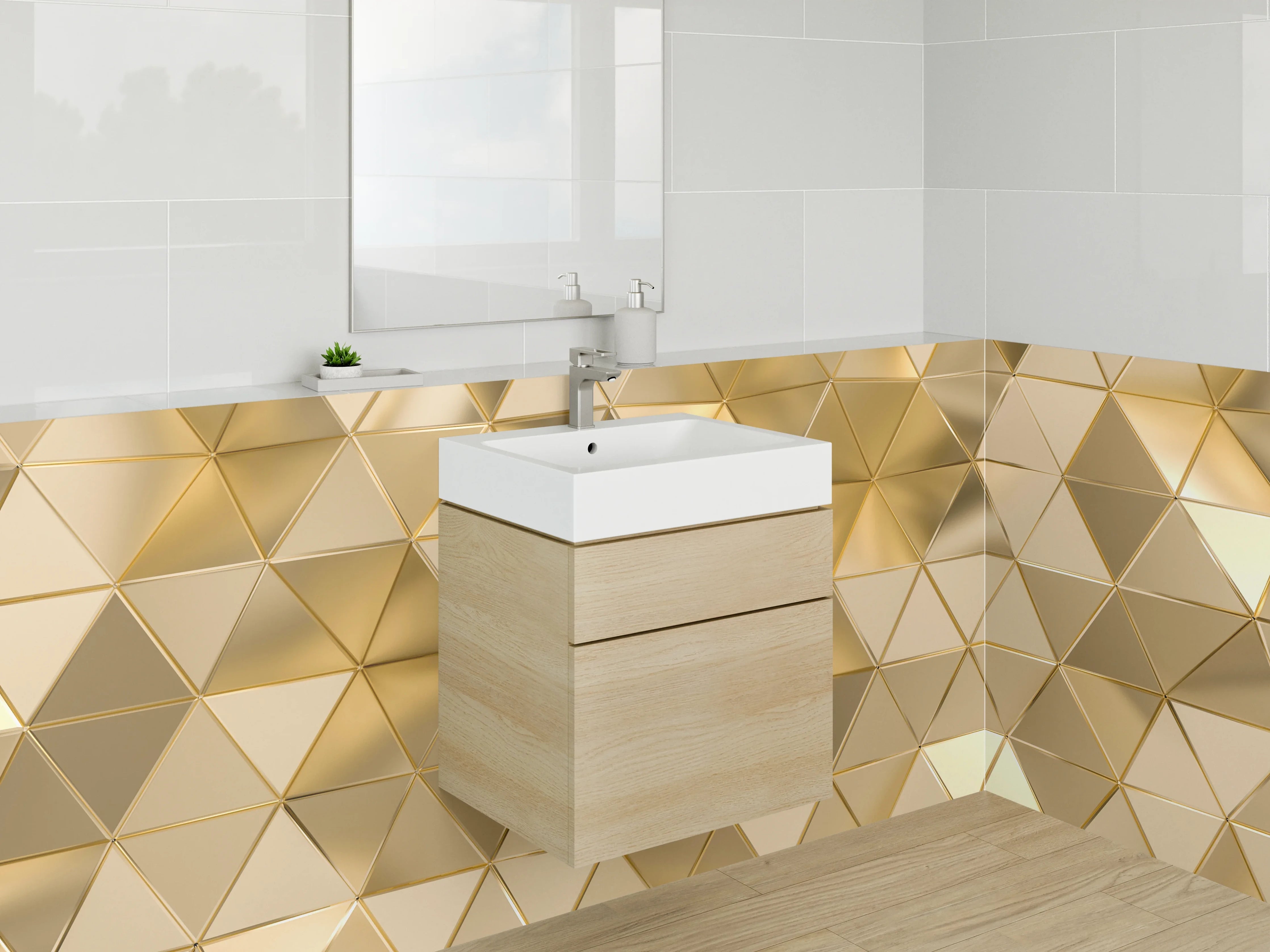 Waschbecken-Rückwand - Goldene 3D Mosaik Dreiecke