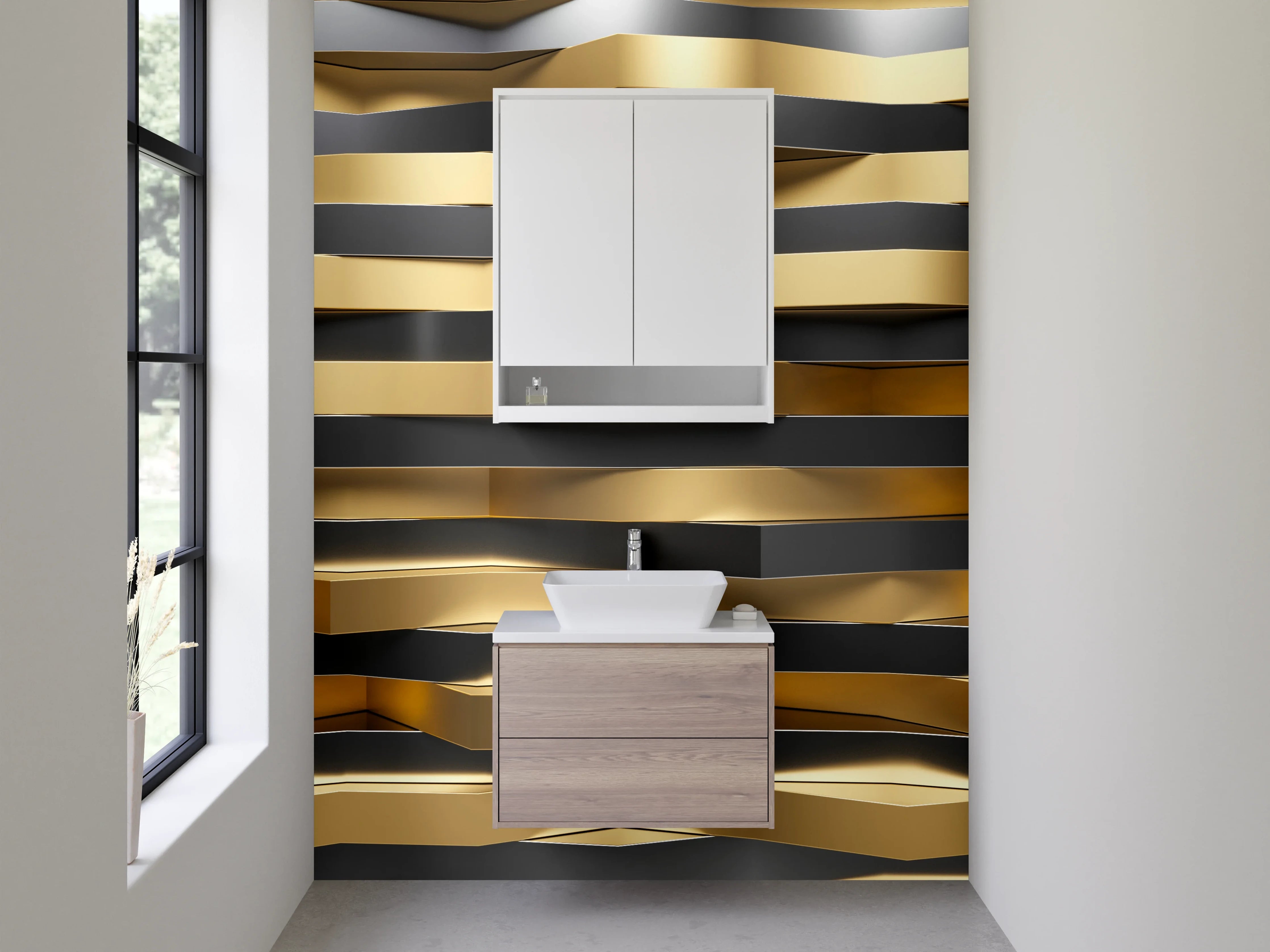 Waschbecken-Rückwand - Goldene 3D-Wellen Metall-Optik Wanddekor