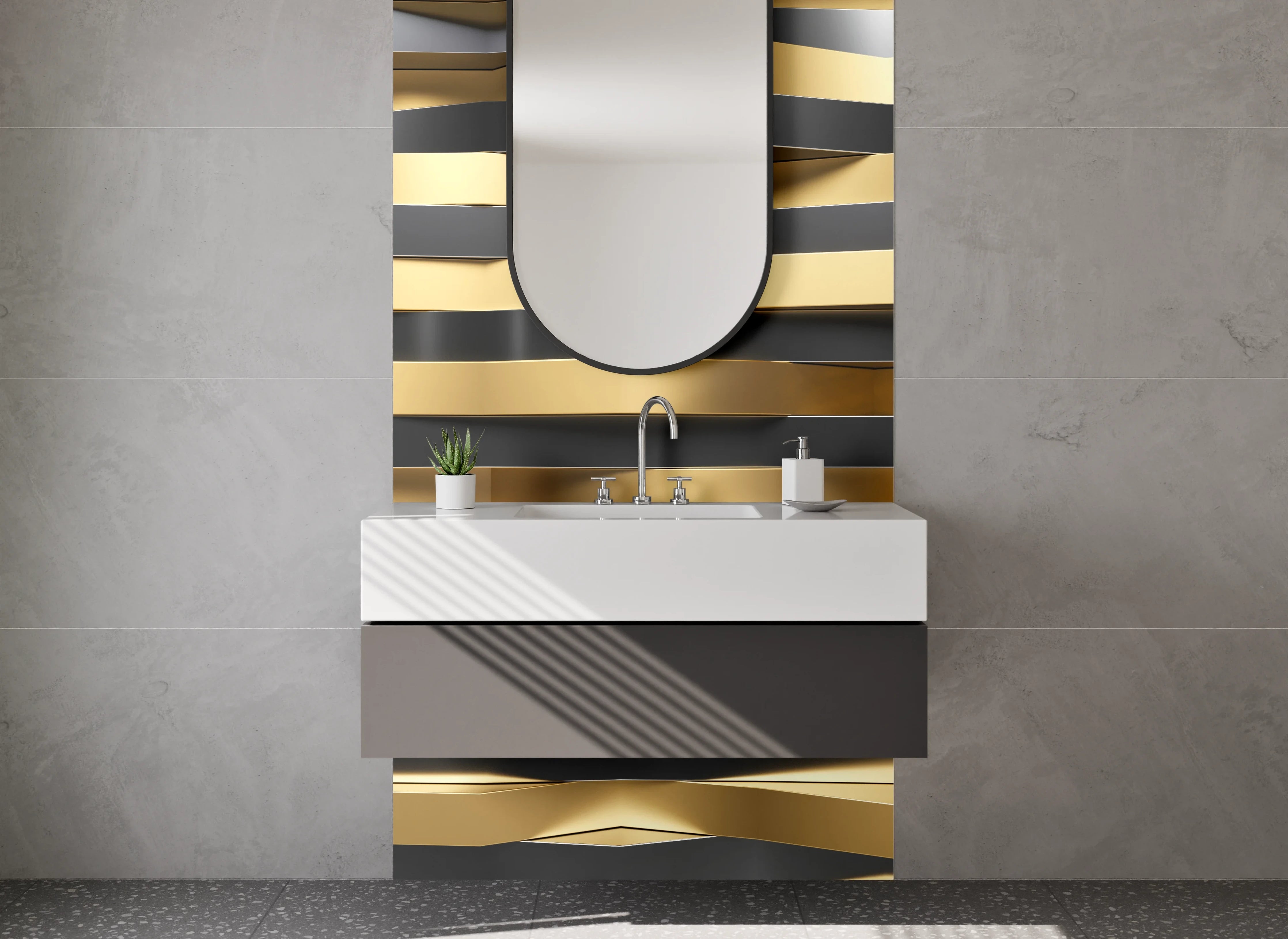 Waschbecken-Rückwand - Goldene 3D-Wellen Metall-Optik Wanddekor