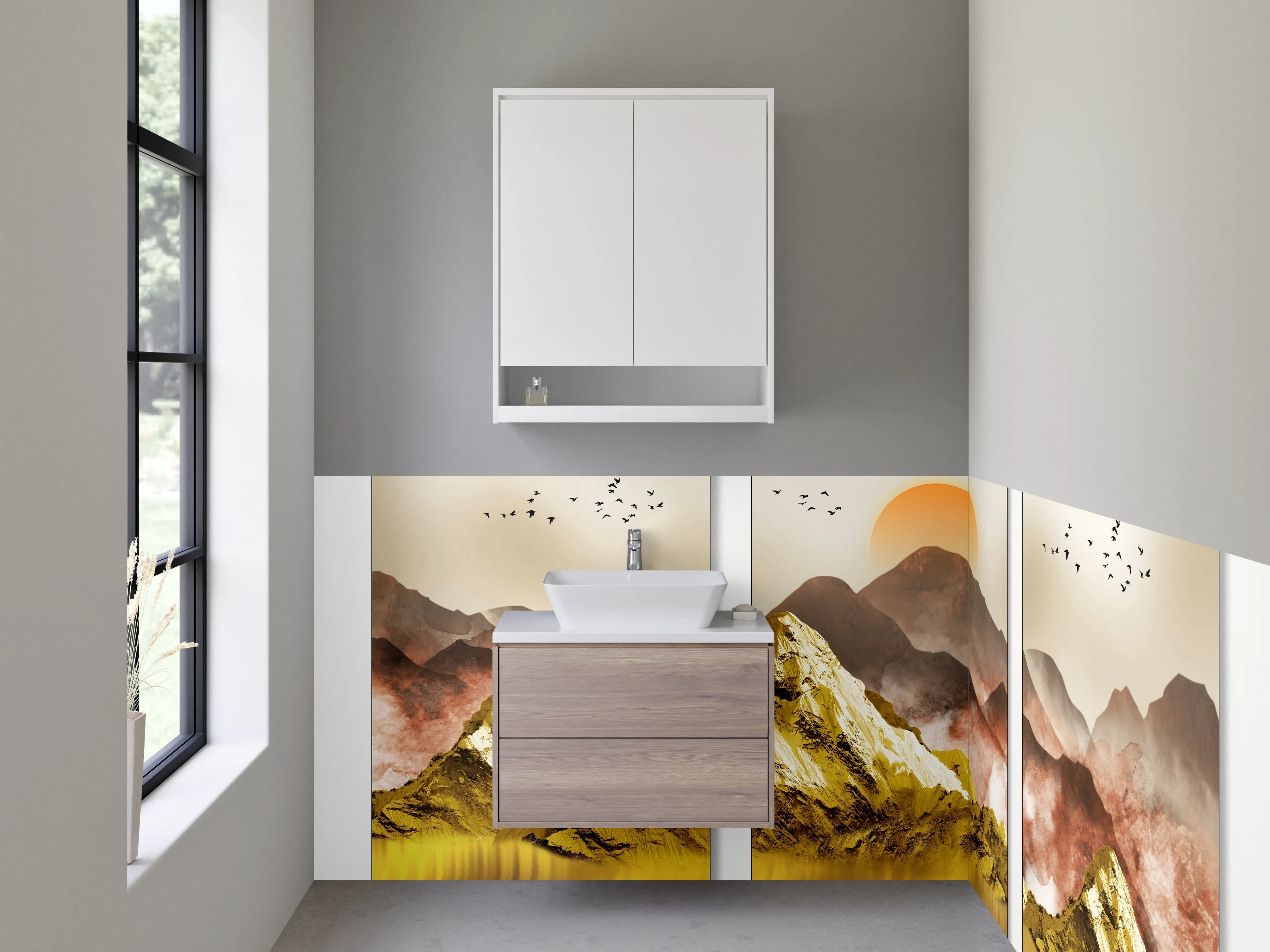 Waschbecken-Rückwand - Goldene Berglandschaft Sonnenaufgang Triptychon
