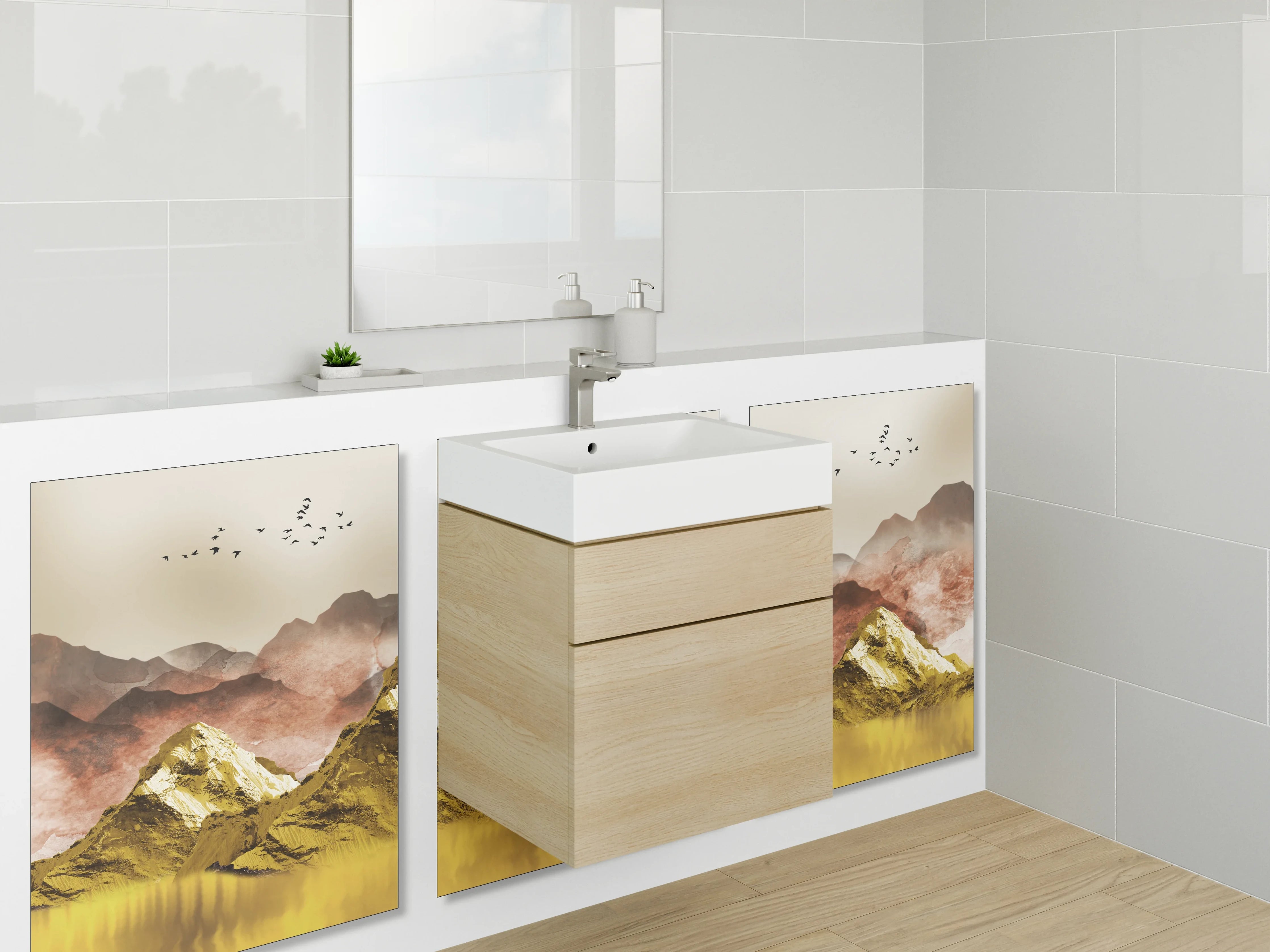 Waschbecken-Rückwand - Goldene Berglandschaft Sonnenaufgang Triptychon