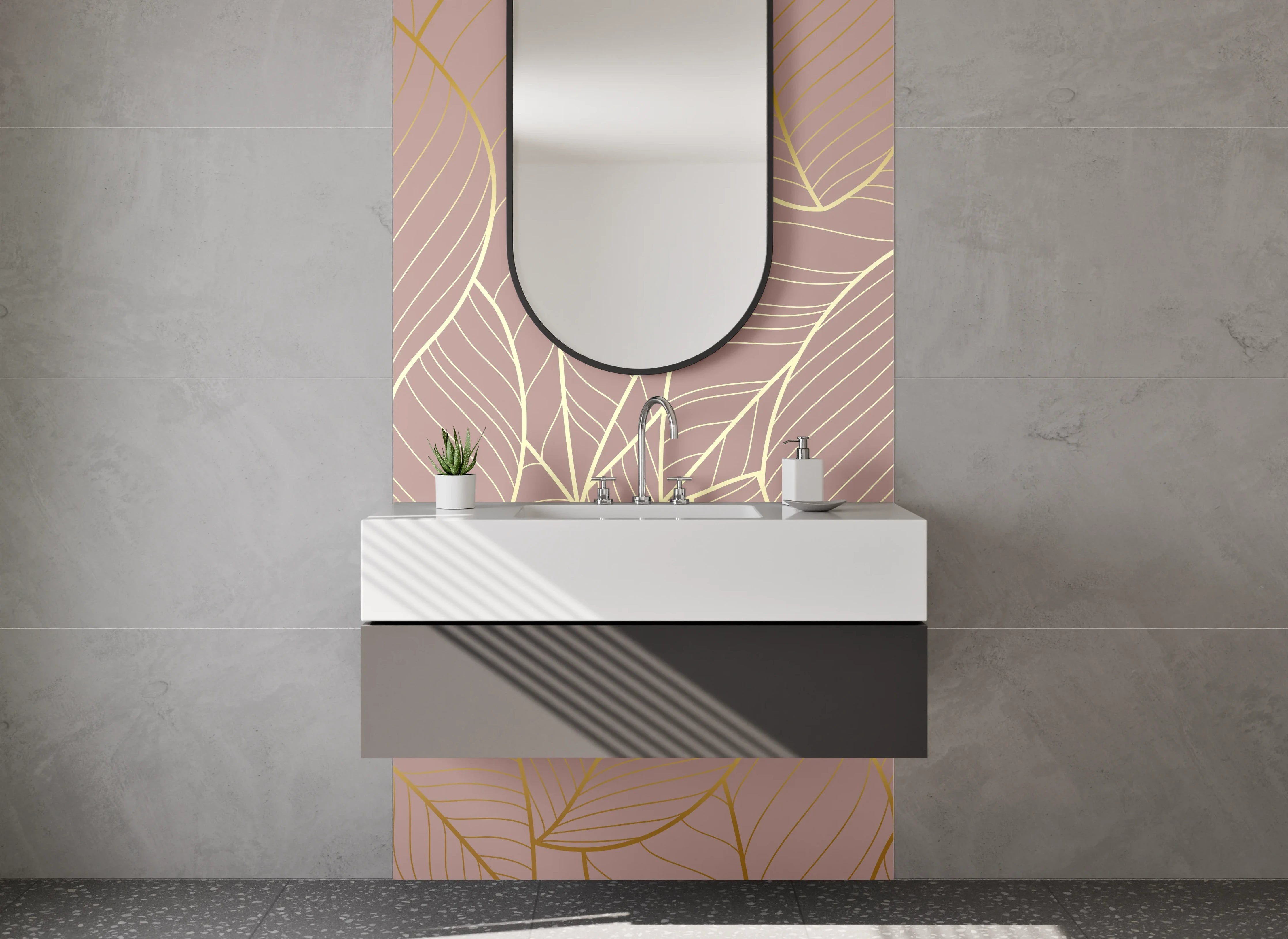 Waschbecken-Rückwand - Goldene Blätter Lineart auf Beige