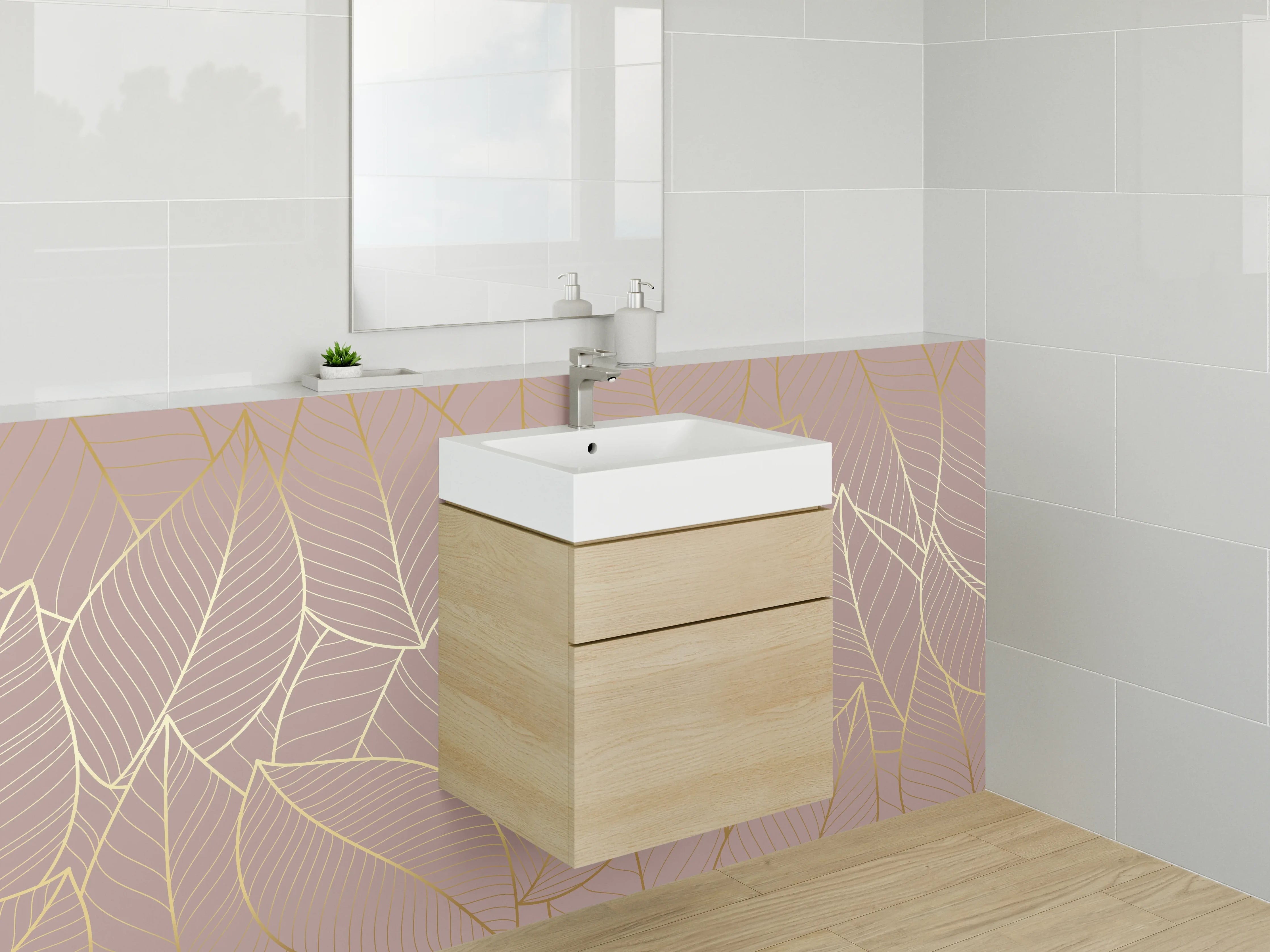 Waschbecken-Rückwand - Goldene Blätter Lineart auf Beige