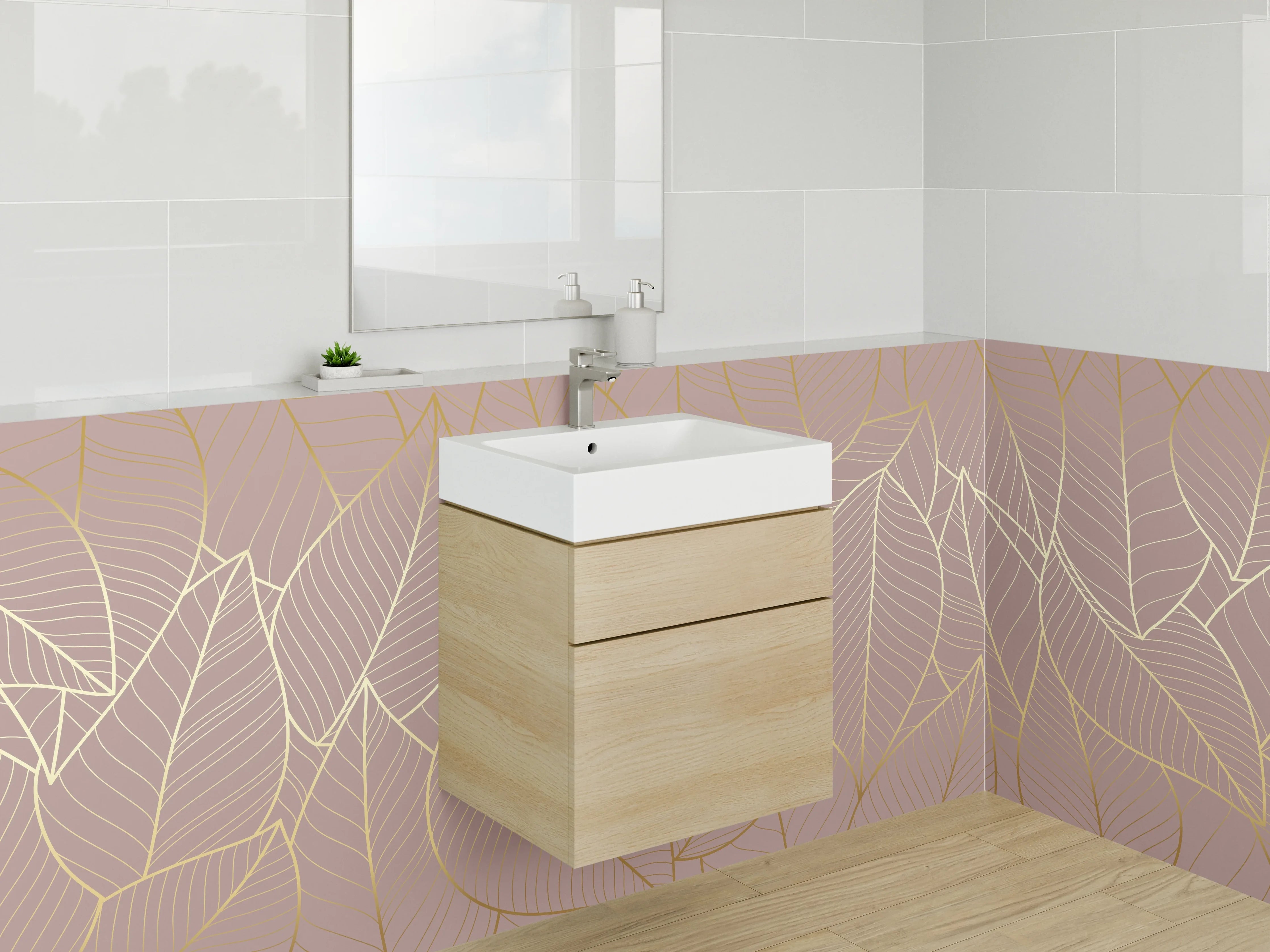 Waschbecken-Rückwand - Goldene Blätter Lineart auf Beige