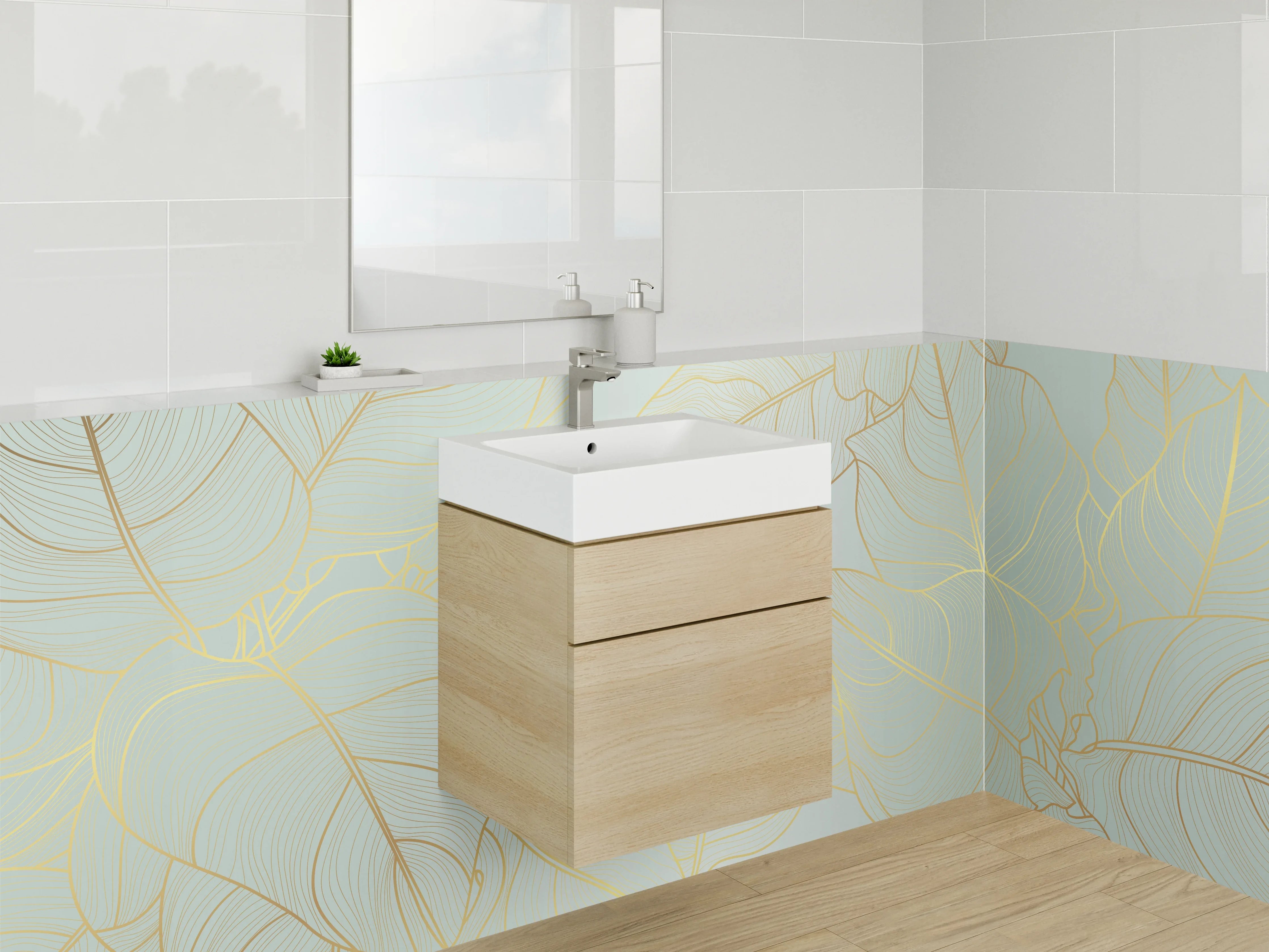 Waschbecken-Rückwand - Goldene Blätter Lineart auf Grün