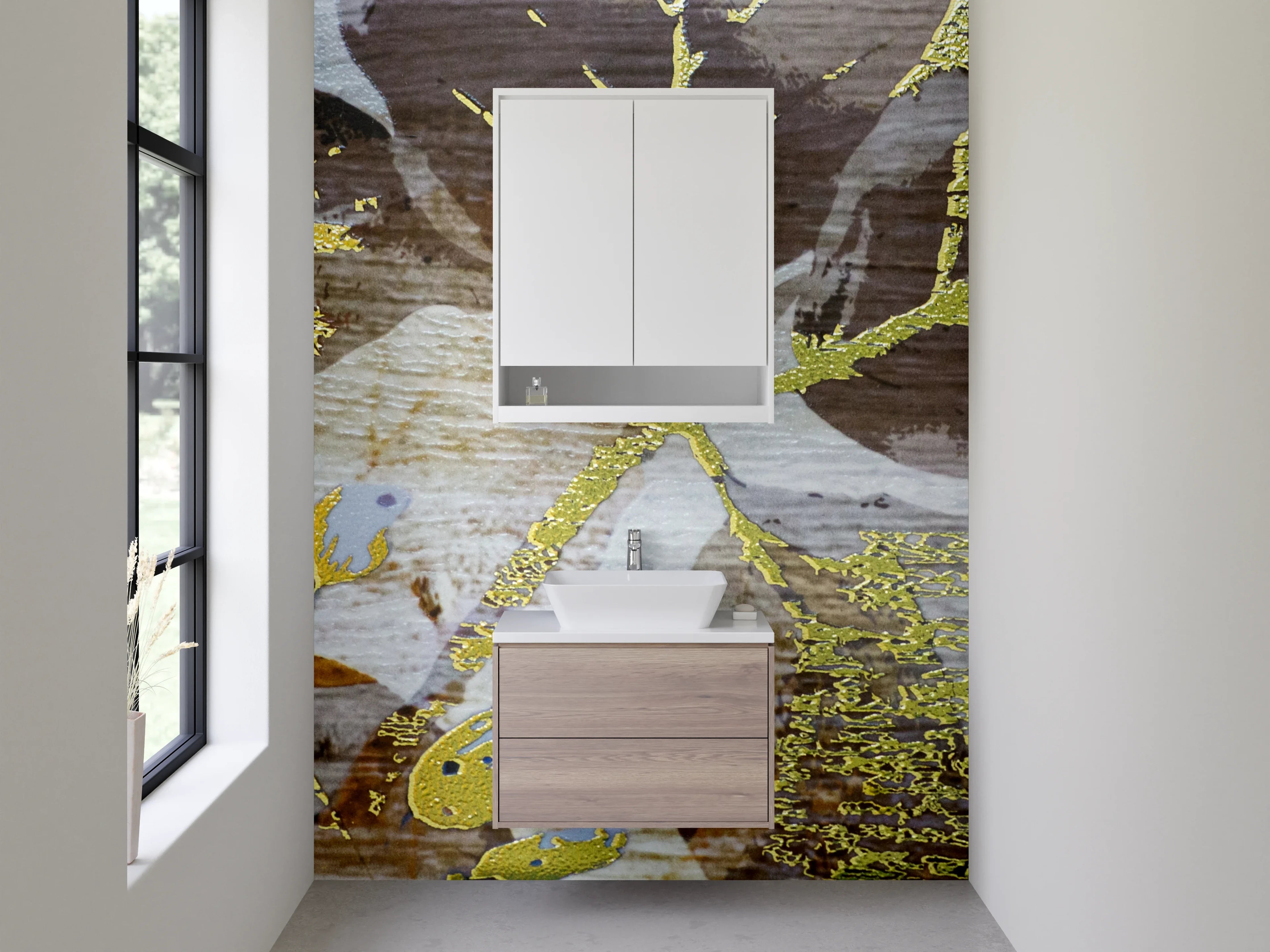 Waschbecken-Rückwand - Goldene Blätter auf Naturholz