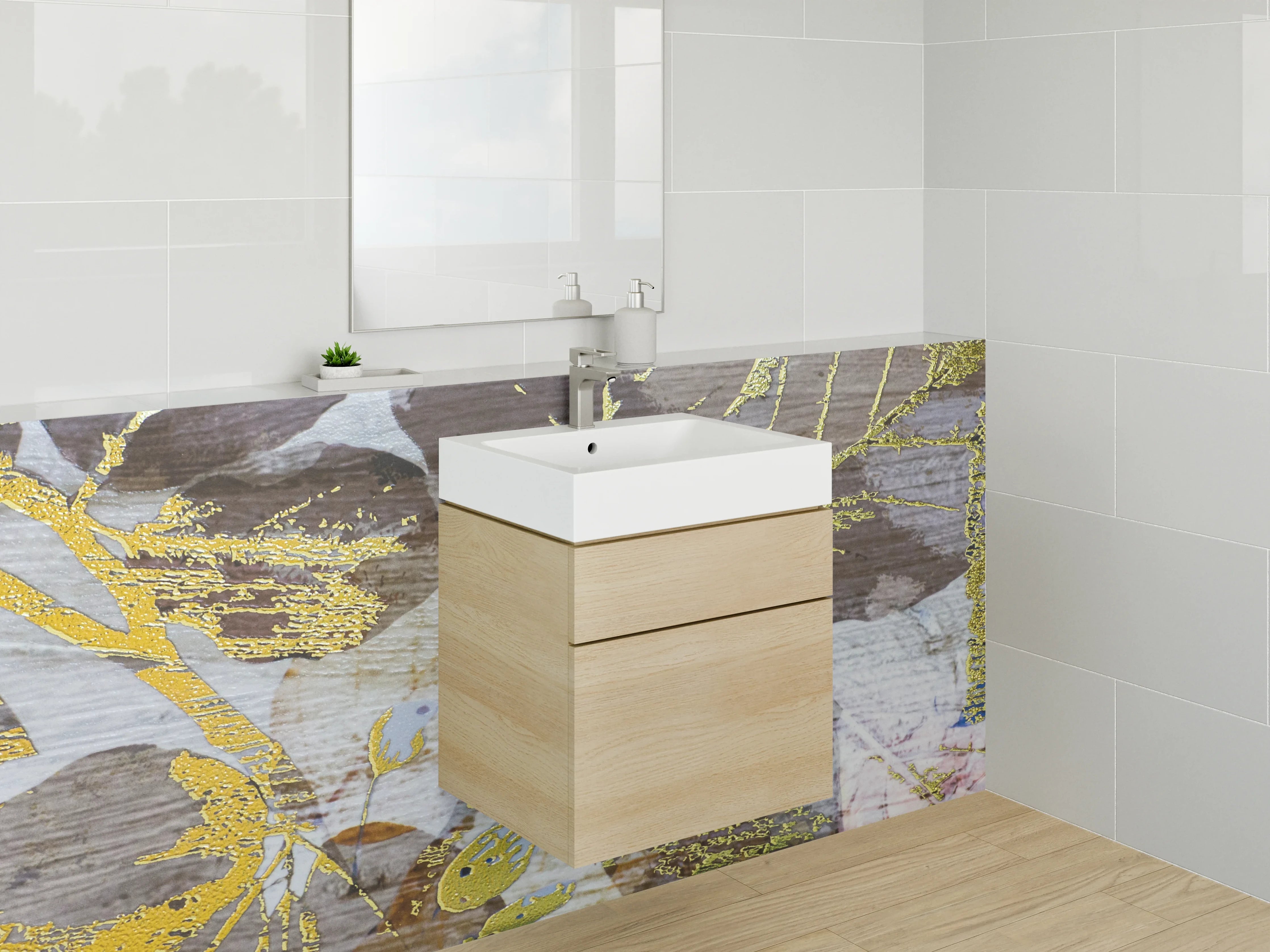 Waschbecken-Rückwand - Goldene Blätter auf Naturholz